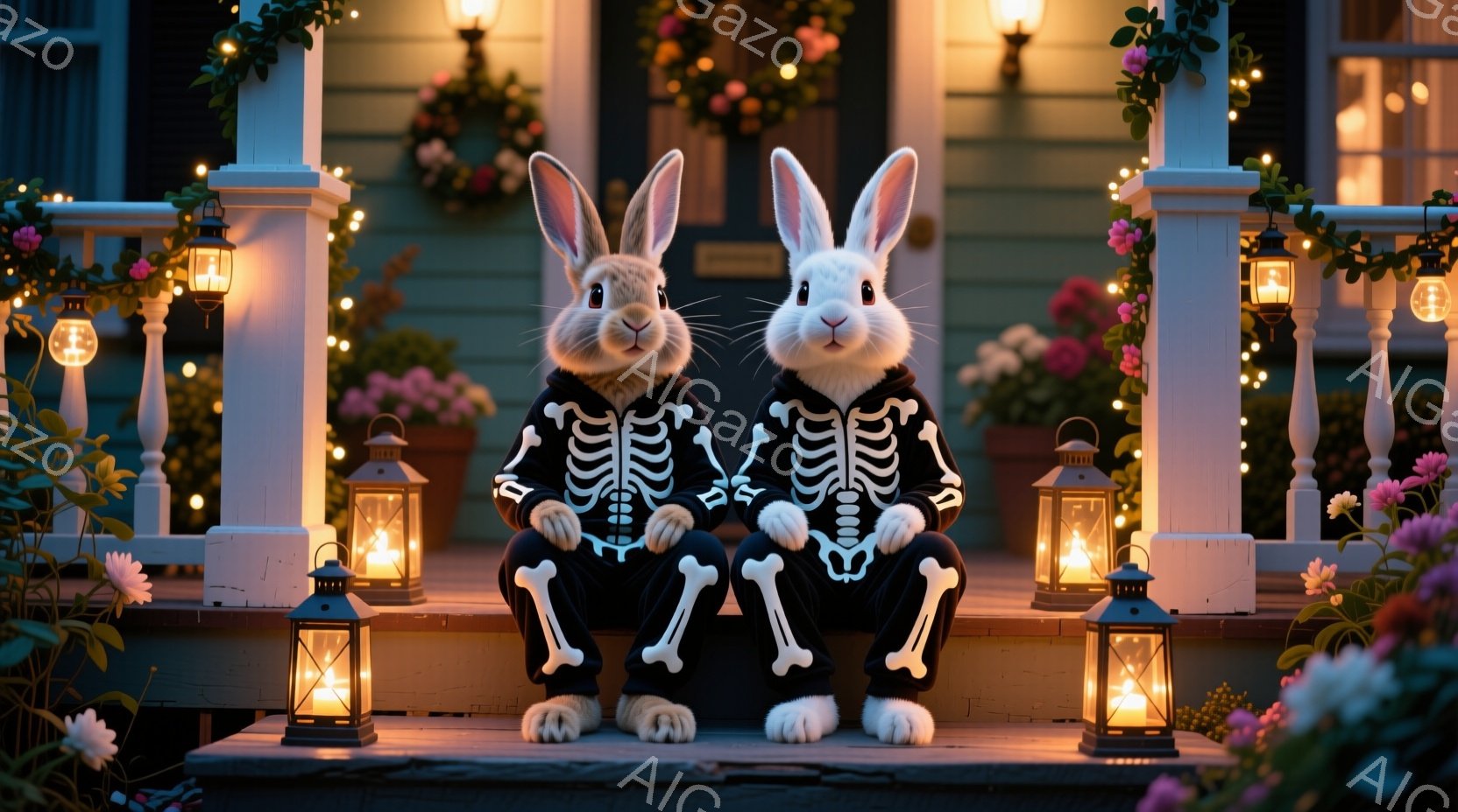 白いウサギが2匹、ハロウィーン風の骸骨柄のジャンプスーツを着て、一段高くなった家のポーチに座っています。背景には、花で飾られた白い柵、点灯したランタン、そしてぼやけた家の外観が見えます。全体的に、暖かく、お祝いの雰囲気で、ハロウィーンの夜を思わせます。