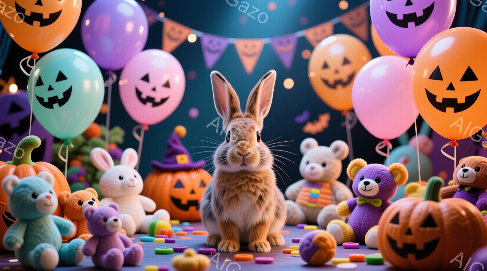 明るい背景に、毛むくじゃらの茶色のウサギが座っており、好奇心と穏やかな表情を浮かべています。ウサギの周りには、カラフルなキャンディや、ハロウィーンをテーマにしたカボチャの風船、ぬいぐるみなどが散りばめ - AI生成フリー素材