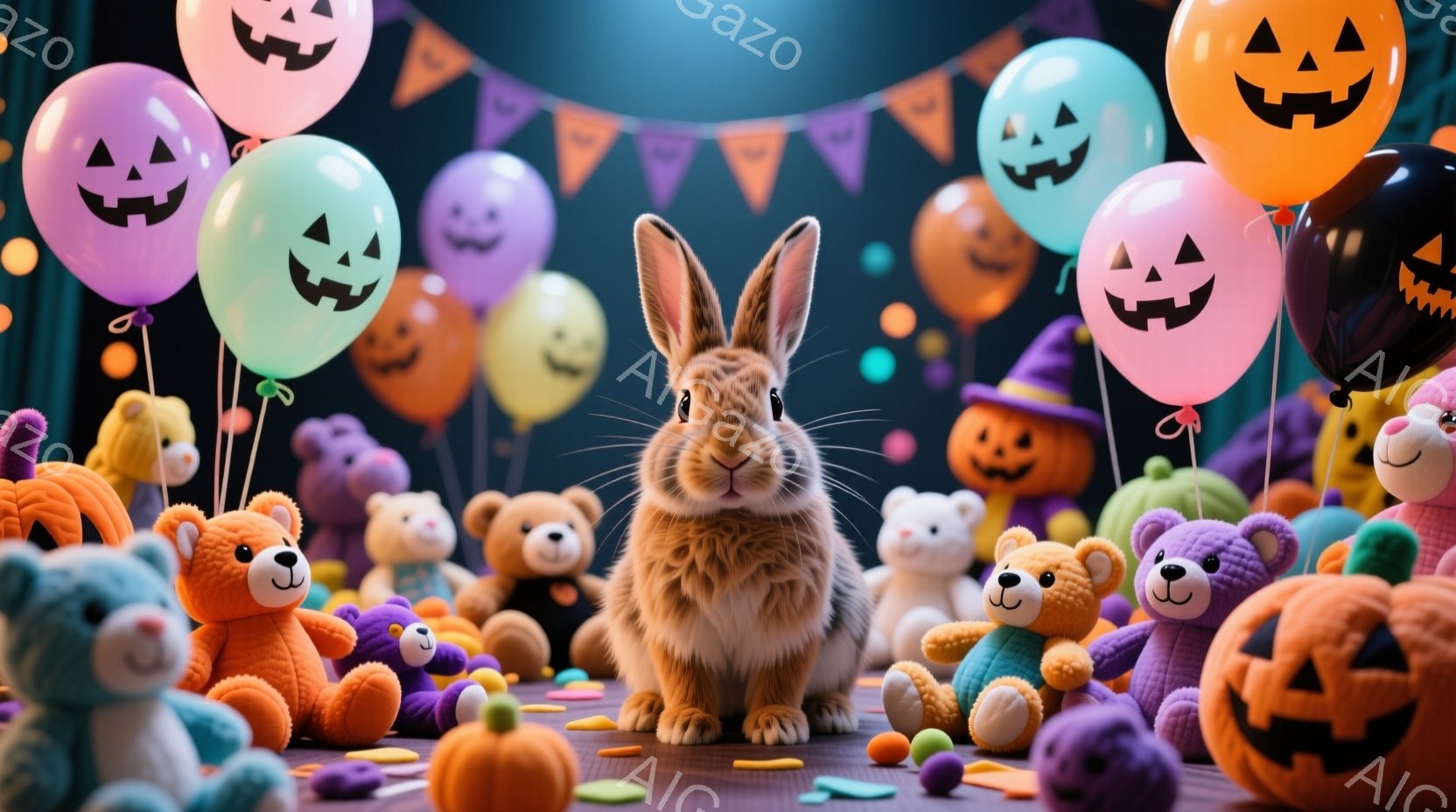 茶色いウサギが、ハロウィーンの飾り付けでいっぱいの背景に座っています。背景には、カボチャのランタン、風船、テディベアなどのカラフルな装飾が散りばめられており、お祝いの雰囲気です。ウサギは正面を見ており - AI生成フリー素材