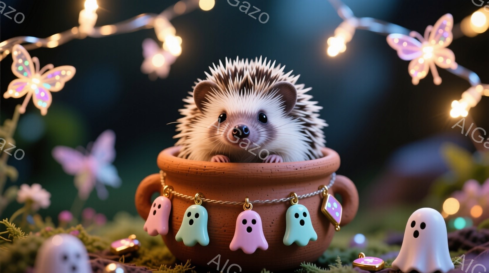 可愛らしいハリネズミが素焼きの鉢に入って座っています。周りには、水色の幽霊や小さなカボチャの飾り、そして淡いピンクの花々が散りばめられ、幻想的な雰囲気を醸し出しています。背景には緑の苔と、きらめく光の連が広がり、ハロウィーンの夜のような、どこか神秘的で温かい空気が漂っています。