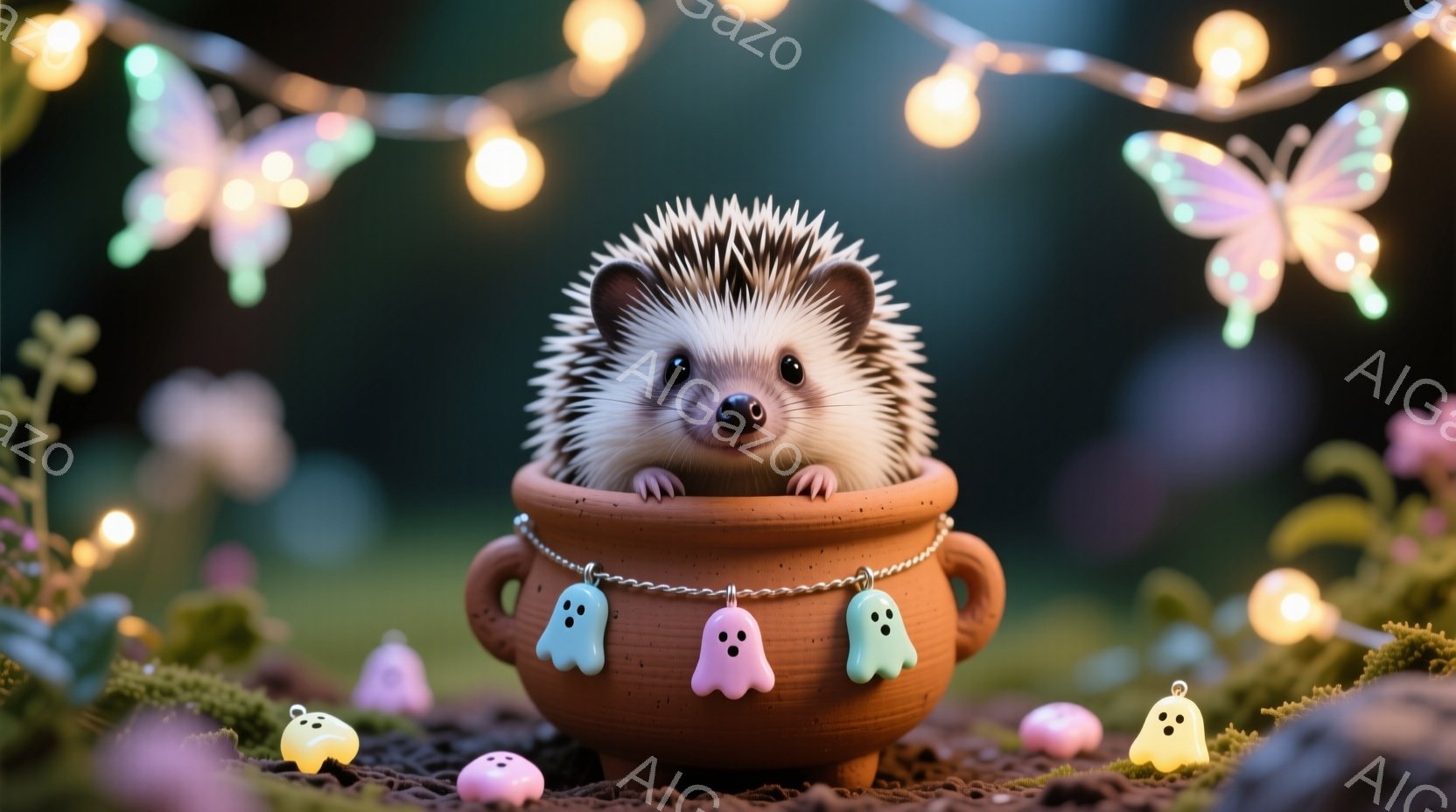 小さなハリネズミがテラコッタ色の鉢に入って座っており、首にはお化けの飾りが付いたネックレスをしています。周りには可愛らしいお化けの形の光る装飾と、ピンクと白の小さな丸い装飾が散りばめられ、背景にはぼんやりと花々と光のイルミネーションが見えます。全体的に幻想的で、可愛らしい雰囲気の画像です。