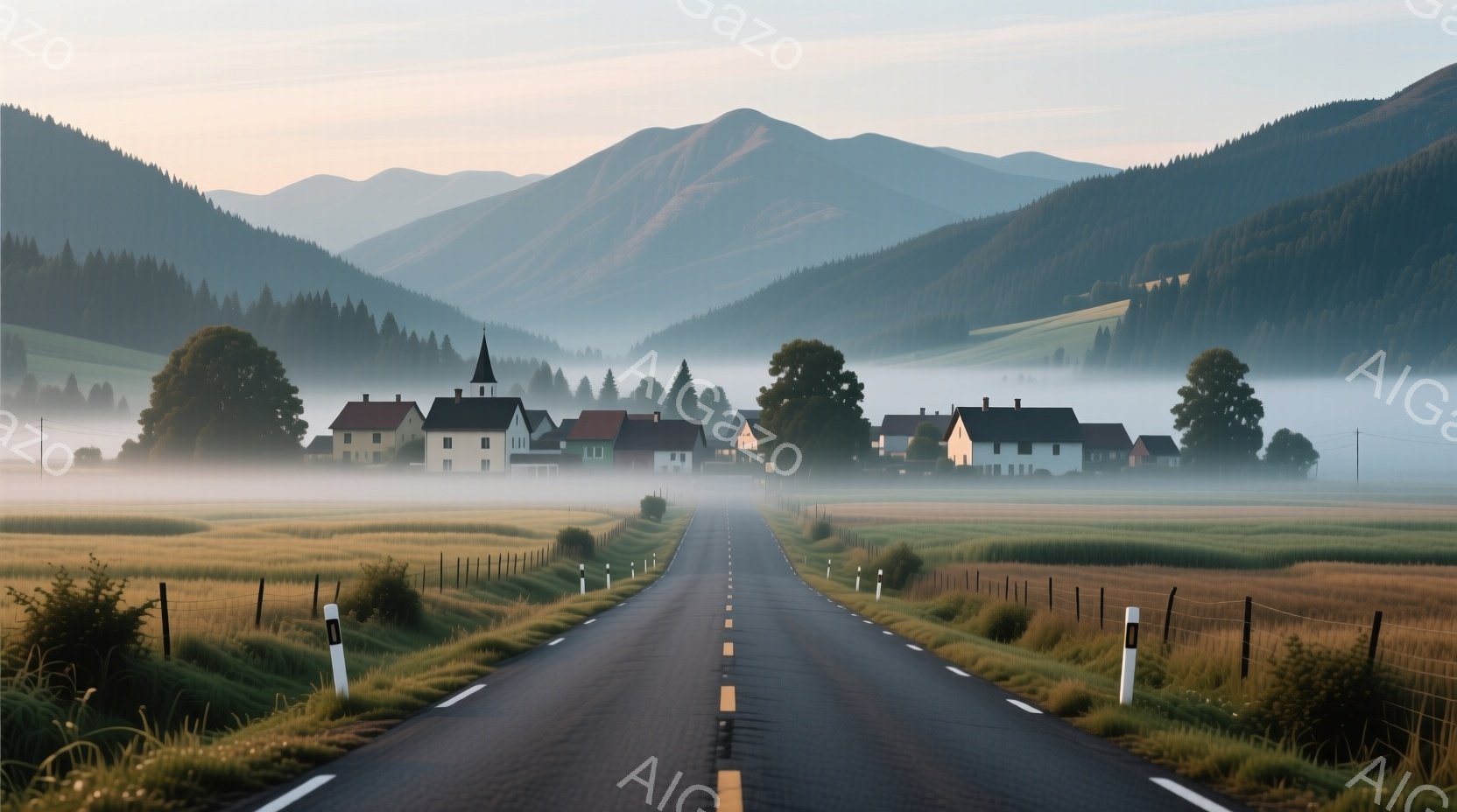 舗装された道が、霧に包まれた田園風景の中をまっすぐに伸びています。遠景には、尖塔を持つ小さな村と、緑豊かな丘が連なり、朝霧が幻想的な雰囲気を醸し出しています。道沿いには白い標識が並び、全体的に穏やかで平和な情景が広がっています。