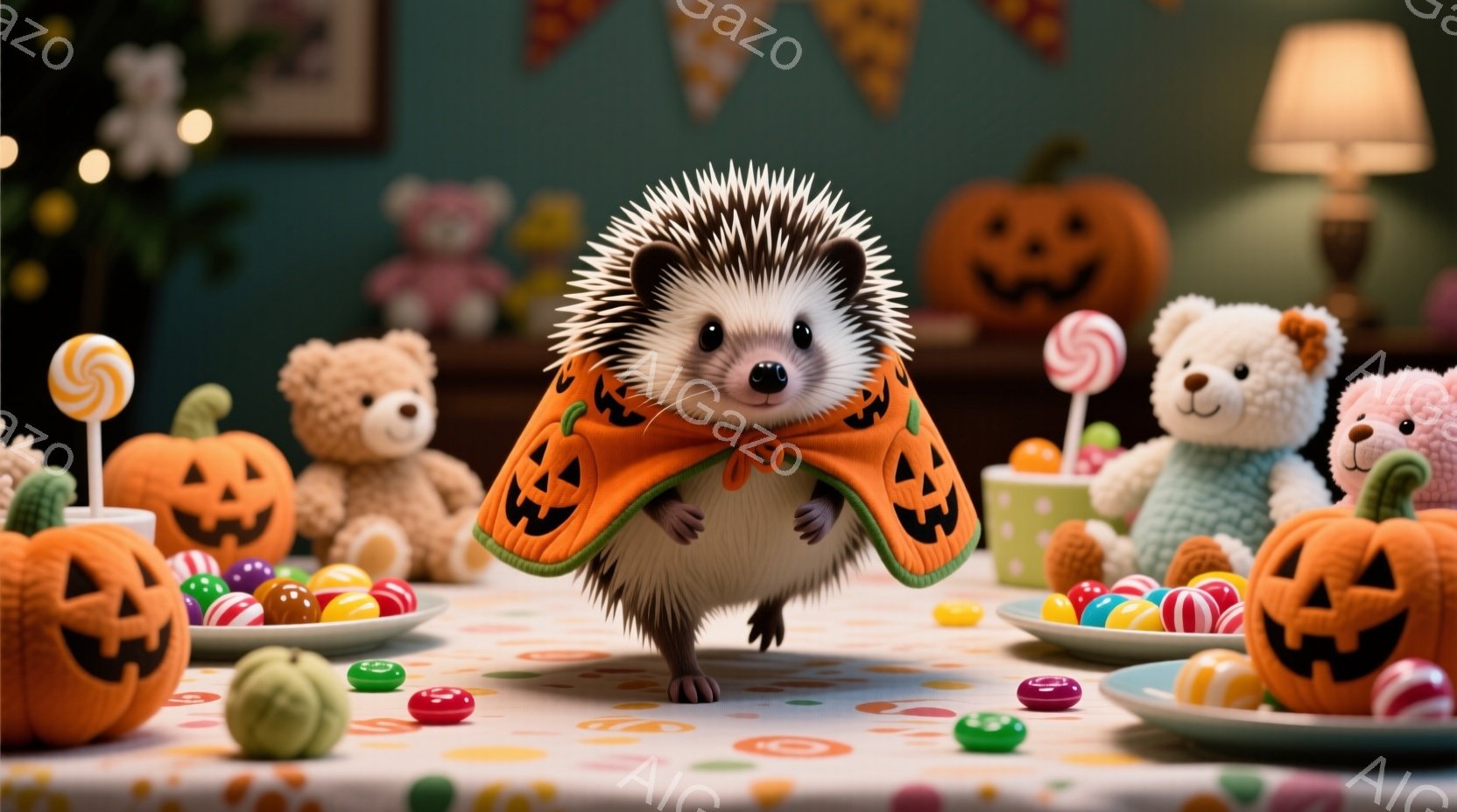 ハリネズミがオレンジ色のカボチャ模様のマントを羽織って、テーブルの上を歩いています。周囲にはカボチャのランタンやクマのぬいぐるみ、カラフルなキャンディーが散りばめられており、ハロウィーンの楽しい雰囲気 - AI生成フリー素材