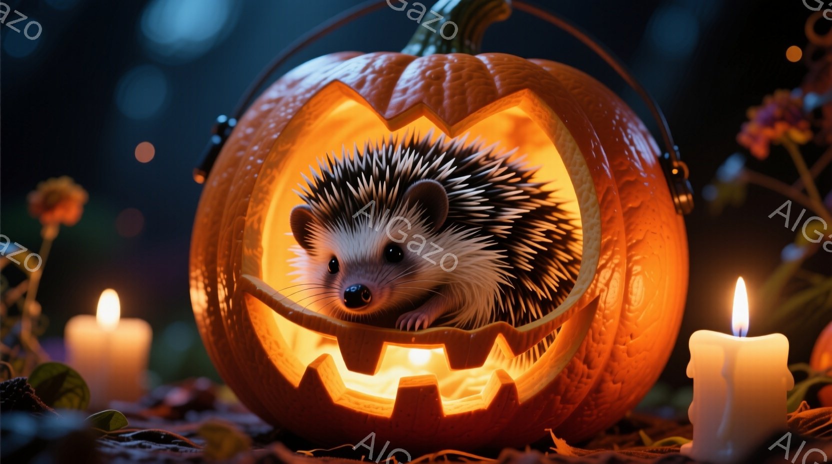 切り開かれたハロウィンのカボチャの中に、小さなハリネズミが丸まって入っています。カボチャはジャック・オー・ランタンのように彫られており、中からオレンジ色の光が漏れ出ています。背景には、ぼんやりとした花 - AI生成フリー素材