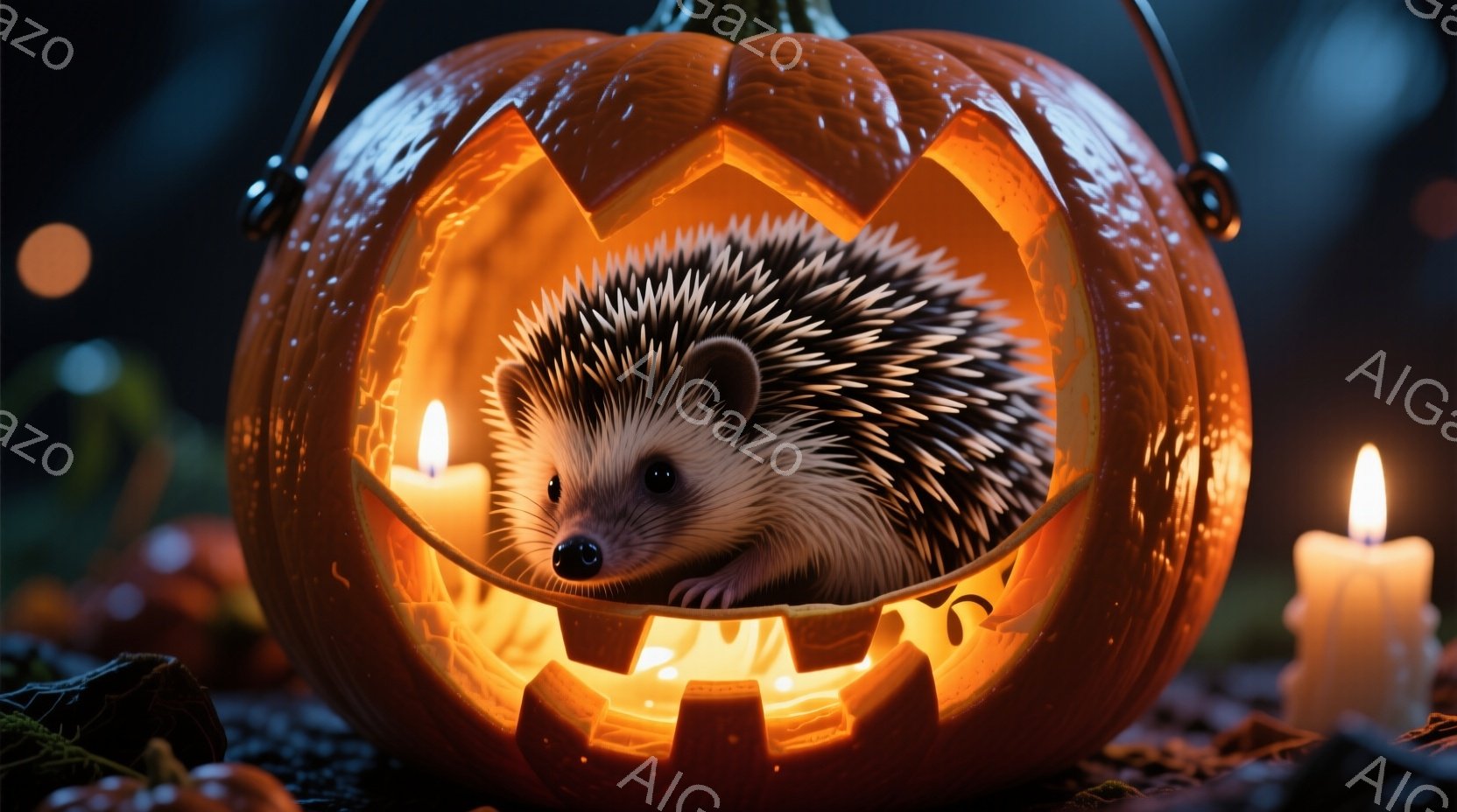 切り開かれたハロウィーンカボチャの中に、小さなハリネズミが可愛らしく顔を覗かせています。カボチャの内側はオレンジ色の光で照らされ、暖かく幻想的な雰囲気を醸し出しています。背景には、落ち葉やロウソクが散 - AI生成フリー素材