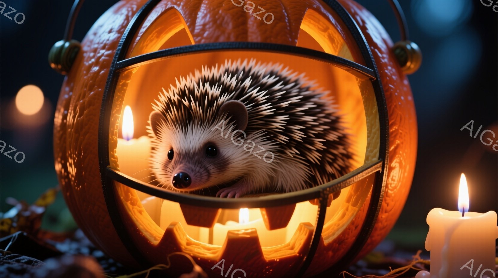 オレンジ色のジャック・オー・ランタンの中に、可愛らしいハリネズミがちょこんと座っています。ハリネズミは丸いシルエットで、好奇心に満ちた表情で正面を見ています。背景にはぼやけたキャンドルの光があり、ハロウィンの温かく幻想的な雰囲気を醸し出しています。