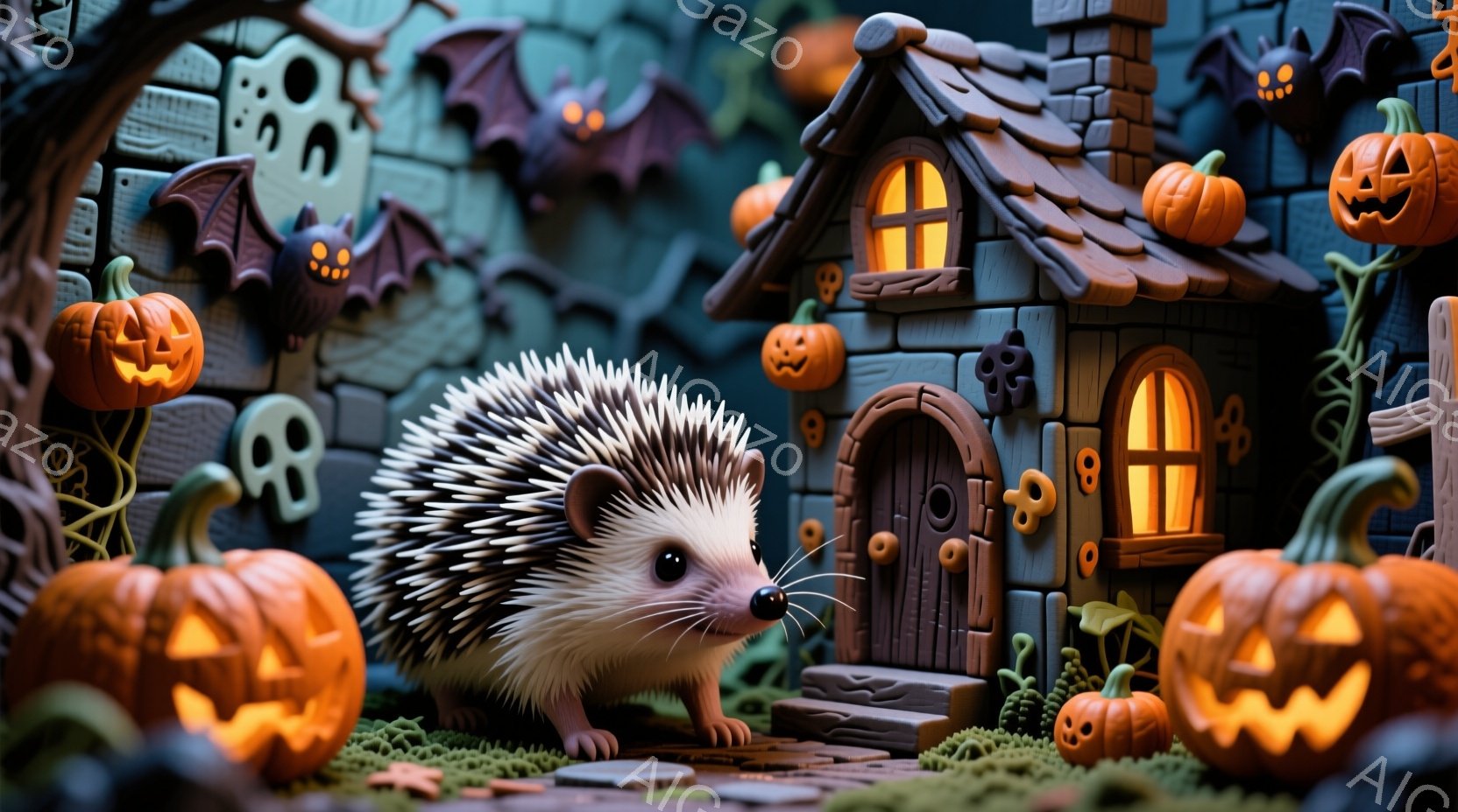 針ねずみがハロウィーンの背景に立っている。背景には、カボチャのランタン、お化け屋敷、コウモリが飾られ、少し不気味だが可愛らしい雰囲気を作り出している。緑色の苔と石畳の道が針ねずみの足元に広がり、ハロウ - AI生成フリー素材