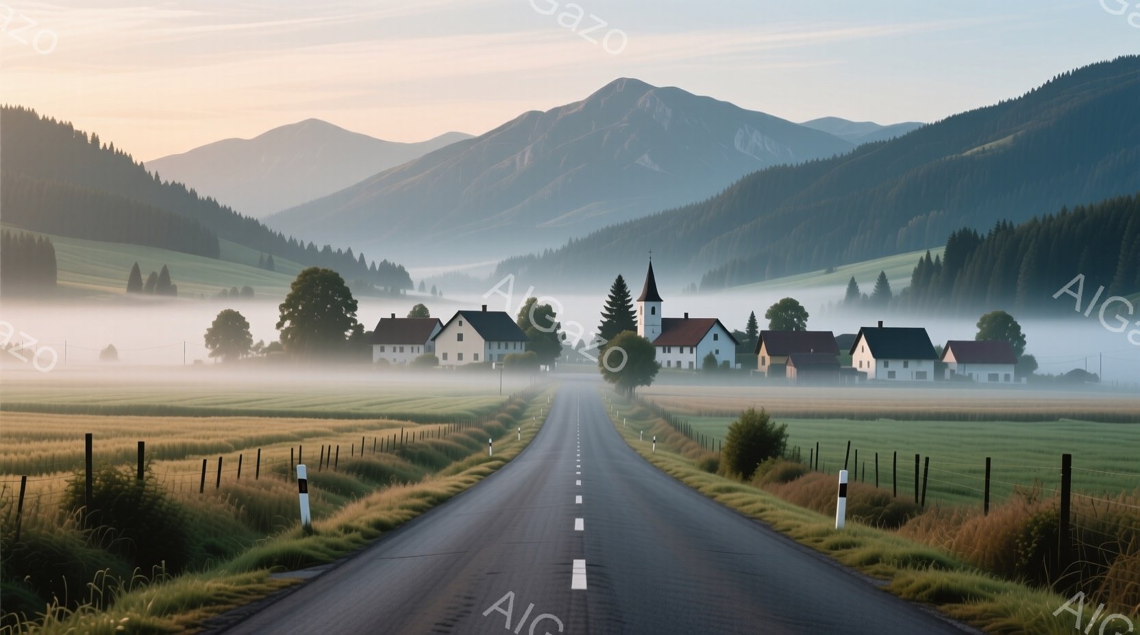 舗装された道路が、朝霧に包まれた緑豊かな丘陵地帯の村へと伸びています。村には、伝統的な家屋と尖塔を持つ教会が見え、周囲は牧草地と森林に囲まれています。穏やかな朝の光が全体を照らし、静寂で平和な雰囲気を醸し出しています。