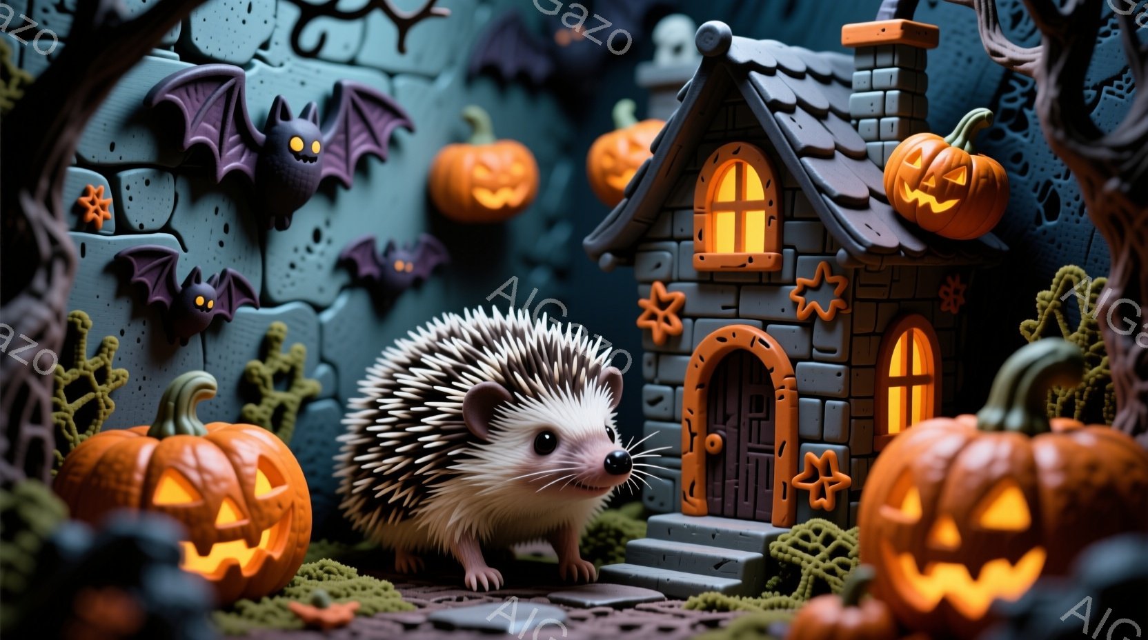 こはハロウィンをテーマにした画像です。中央に小さなハリネズミが歩き、その周りに背景として屋敷や綿密な家の外装が表現されています。屋敷には何本かのオークの木があり、その中には黄色の灯りが燃えています。背景にはシックな招待状、綿密な家の外装、そして大きなオークの木があります。雰囲気はスポックリーとかわいく、そして不思議で神秘的なものになっているようです。ハリネズミは驚きの表情を持ち、それが独特の日本語で説明されます。