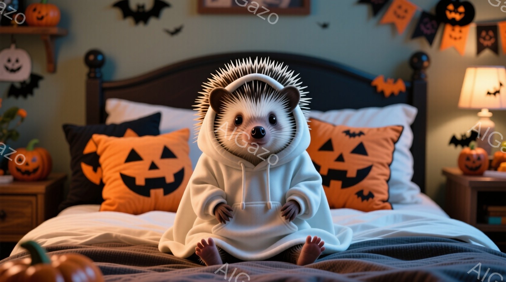 ハリネズミのような動物が、冷たい夜に適した白帯スウェットシャツを着た人間風のイラストです。その表情は懐かしく、腕は抱きつけるようにクールなポジションで、周りはハロウィンのテーマを持っています。雰囲気は冷たく、紹介されたイベントのスパイシーな感覚があります。
