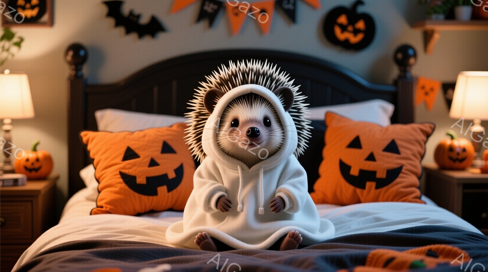 ハリネズミが白いパーカーを着てベッドに座っており、可愛らしい表情をしています。背景にはハロウィーンの装飾が施された部屋が広がり、オレンジ色のカボチャのクッションやランタンが暖かく秋の雰囲気を演出しています。全体的に、ほのぼのとした可愛らしいハロウィーンの雰囲気が漂う、心温まる画像です。