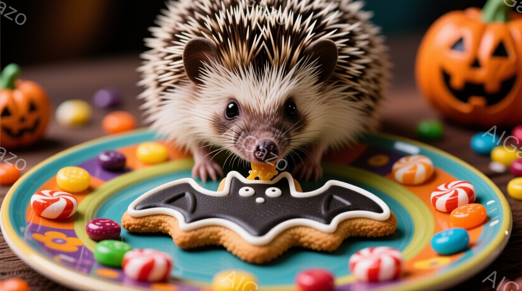 ハリネズミが、ハロウィーンをテーマにしたお皿の上でクッキーを食べている様子が写っています。お皿にはカラフルなキャンディーが散りばめられ、背景にはジャック・オー・ランタンがぼんやりと見えます。全体的に可 - AI生成フリー素材