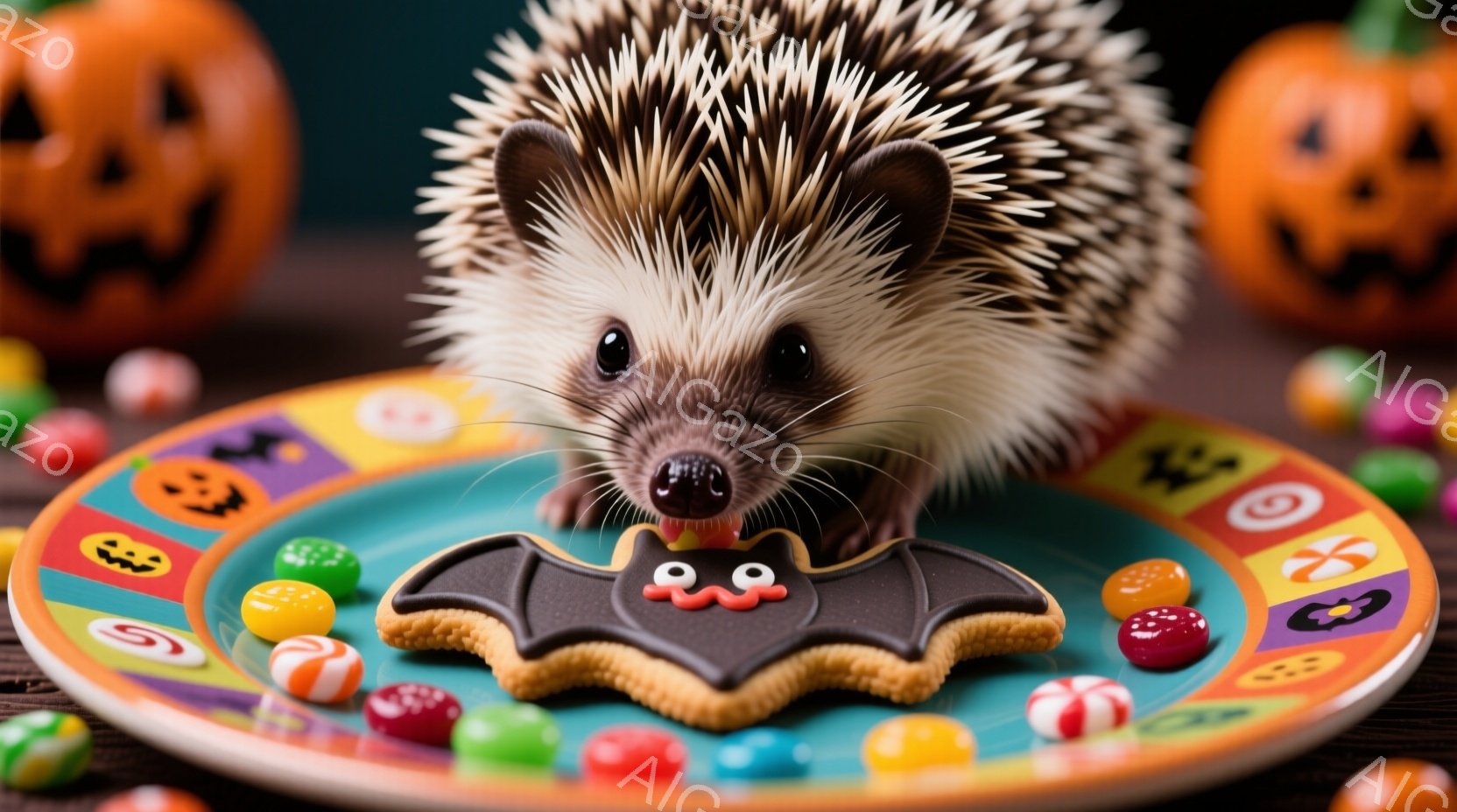 ハリネズミがハロウィーンのクッキーの前でポーズをとっています。クッキーはコウモリの形をしており、周りにはカラフルなキャンディーが散りばめられています。背景には、ハロウィーンのジャック・オー・ランタンが - AI生成フリー素材