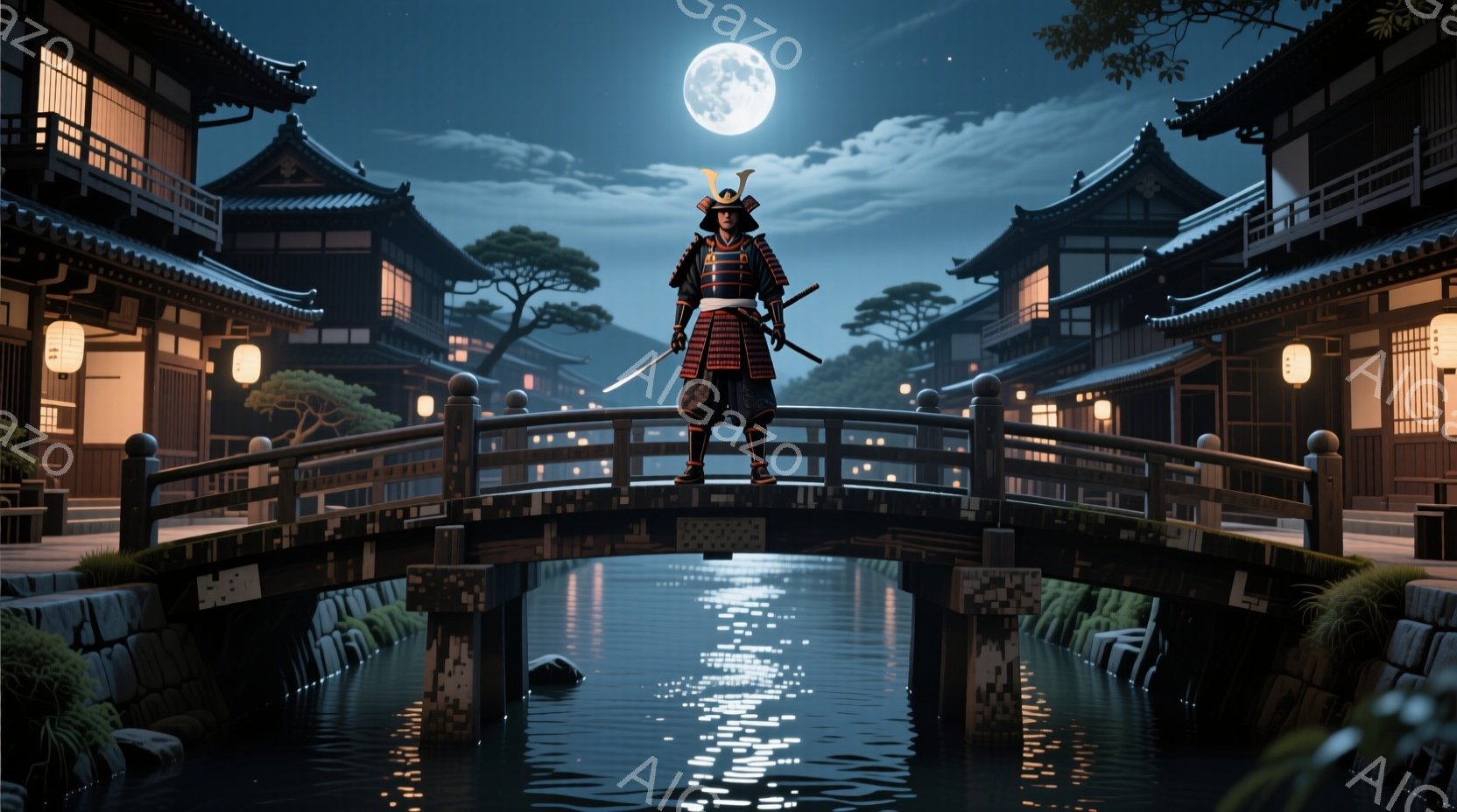 夜の橋の上に、全身鎧を身につけた武士が立っている。彼は兜をかぶり、真剣を帯びており、その姿勢は凛々しく、警戒しているように見える。背景には伝統的な日本の建物が並び、水面には月明かりが反射し、静寂で神秘的な雰囲気を醸し出している。