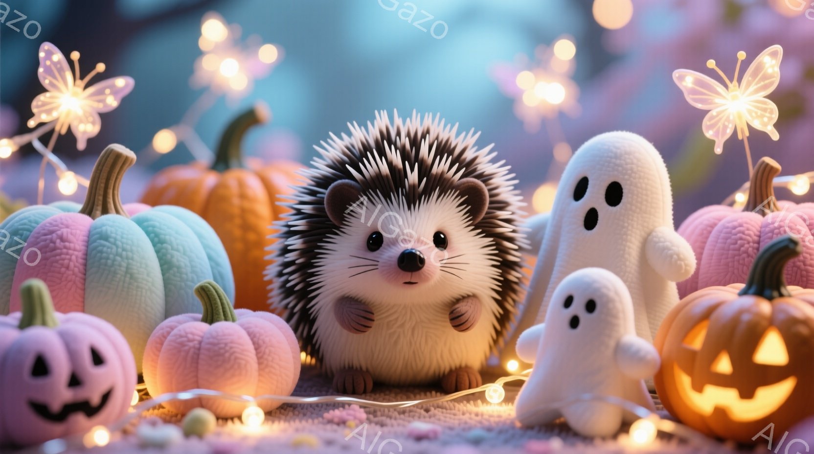 ぬいぐるみのようなハリネズミが、ハロウィーンの飾り付けに囲まれて座っています。ピンク、オレンジ、水色のカボチャや可愛らしいお化けのぬいぐるみに囲まれ、背景には光る蝶のようなイルミネーションが散りばめら - AI生成フリー素材