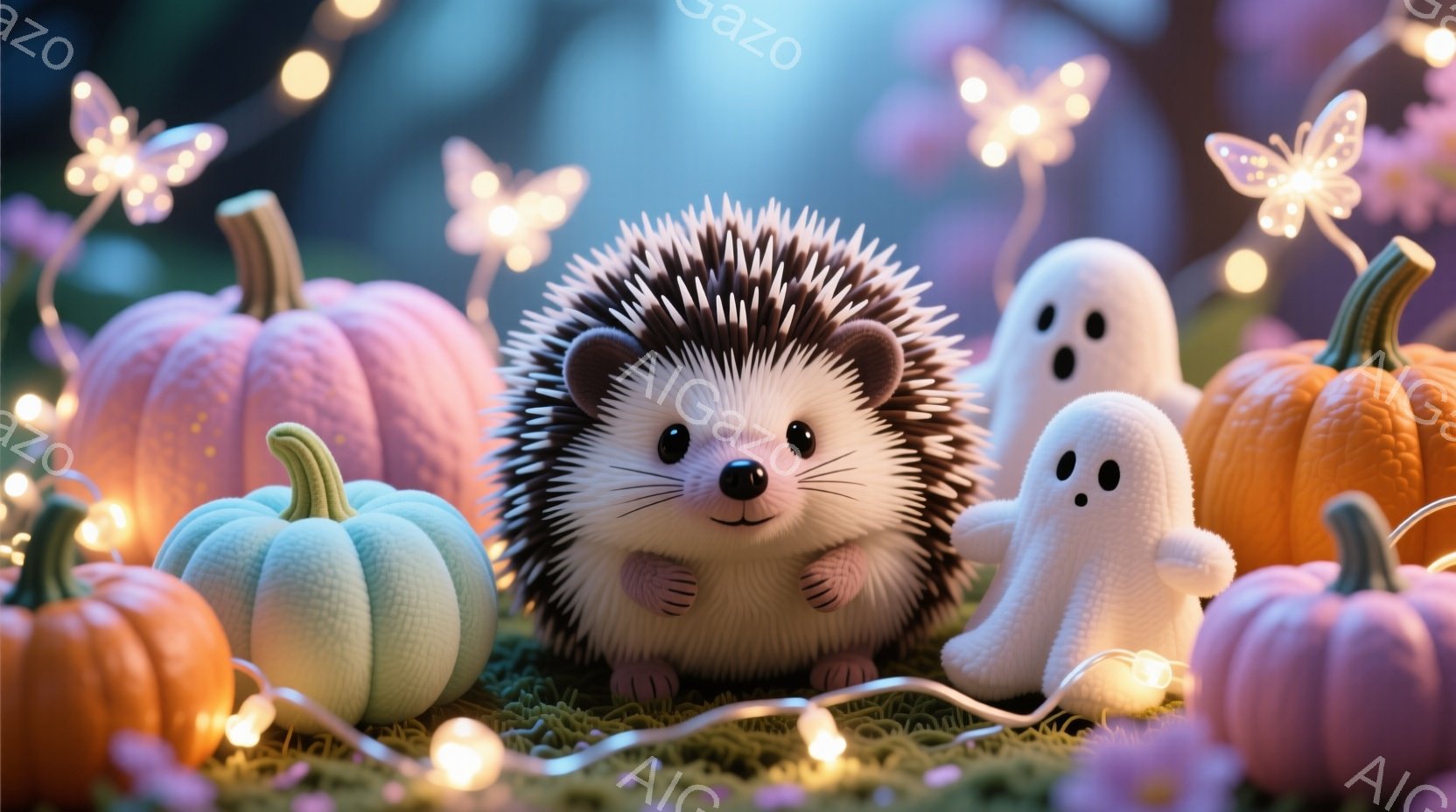 ふわふわの茶色のハリネズミが、短い手で胸を抱えて微笑んでいます。周りには、オレンジ、水色、ピンク色のカボチャや、可愛らしいゴーストが配置され、キラキラと光る電飾が散りばめられた緑の苔の上に置かれていま - AI生成フリー素材