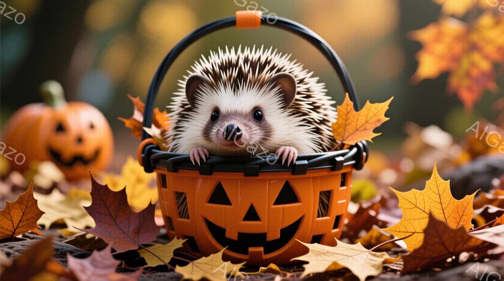 ハロウィーンのバスケットにハリネズミが可愛らしく座っています。鮮やかなオレンジ色のカボチャのバスケットの中に、小さな前足を出し、好奇心いっぱいの表情でこちらを見ています。背景には、鮮やかな紅葉と、ハロ - AI生成フリー素材