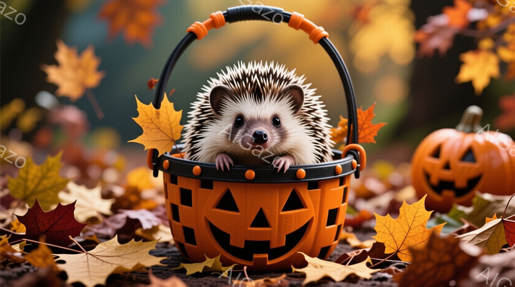 鮮やかなオレンジ色のハロウィンかごの中に、小さなハリネズミがちょこんと座っています。周りには赤や黄色の落ち葉が散らばり、ハロウィンに飾られたカボチャが並んでいます。秋の暖かく、可愛らしい雰囲気が漂う写真です。