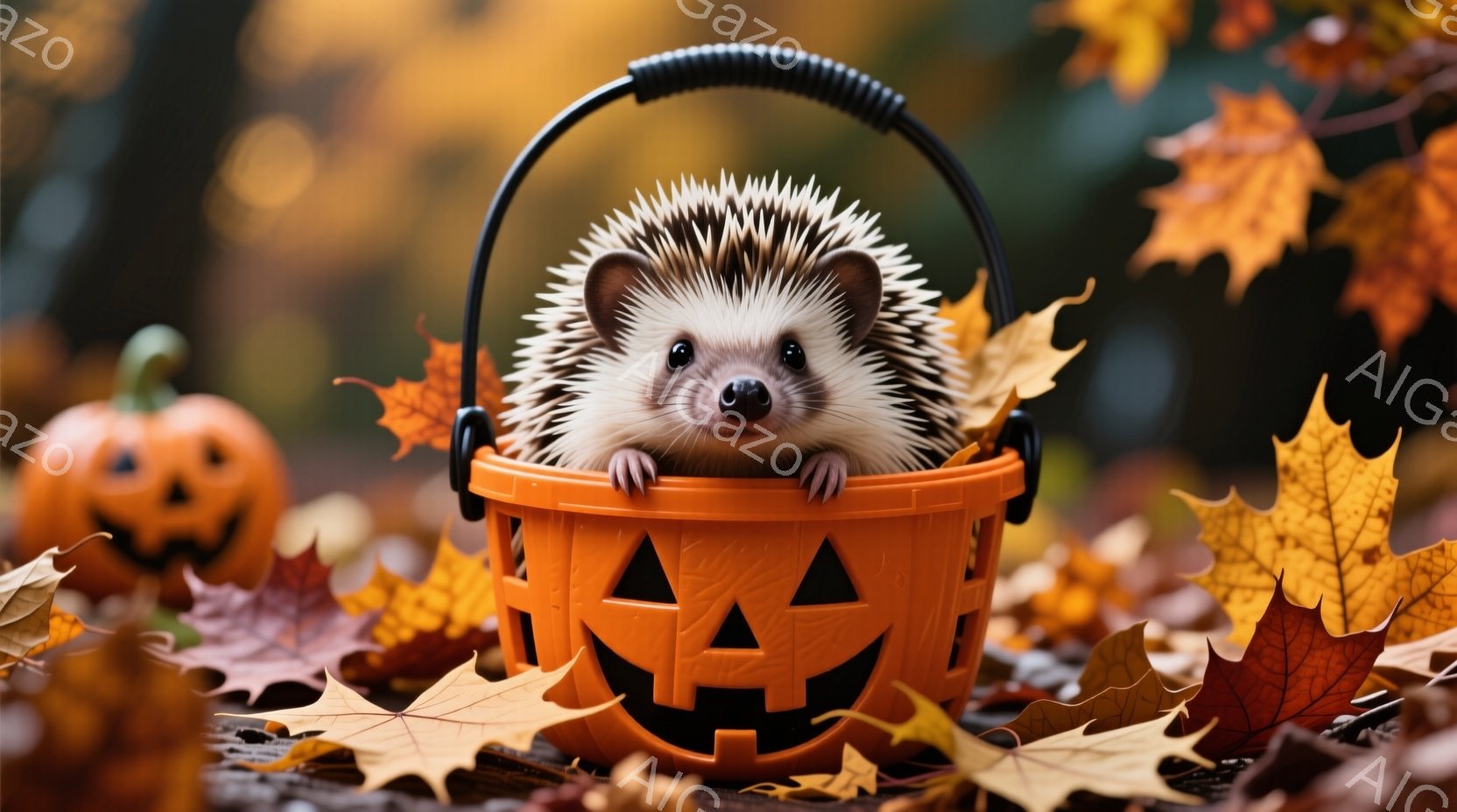 ハロウィーンのバケツの中に、可愛らしいハリネズミが顔を出しています。鮮やかなオレンジ色のバケツはジャック・オ・ランタンの顔が彫られており、周囲には紅葉の葉が散りばめられています。背景にはぼやけたオレン - AI生成フリー素材