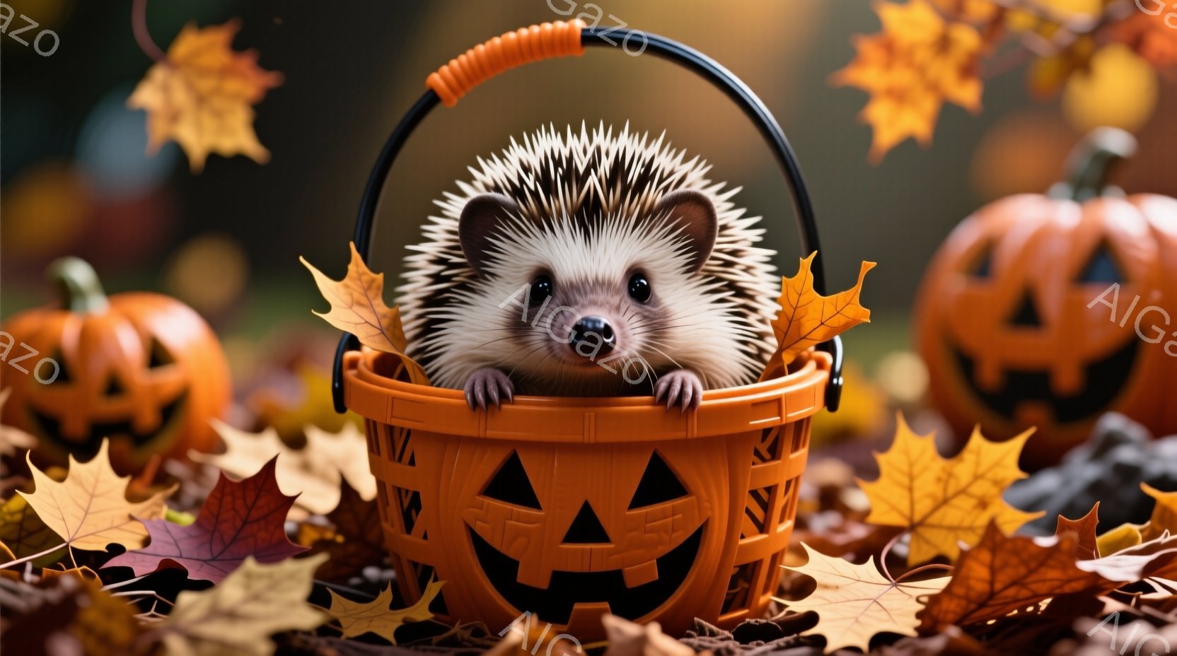 オレンジ色のハロウィーンのバスケットの中に、可愛らしいハリネズミがちょこんと座っています。周りには紅葉した葉が散りばめられ、背景にはぼやけたハロウィーンのジャック・オー・ランタンが並んでいます。暖色系 - AI生成フリー素材