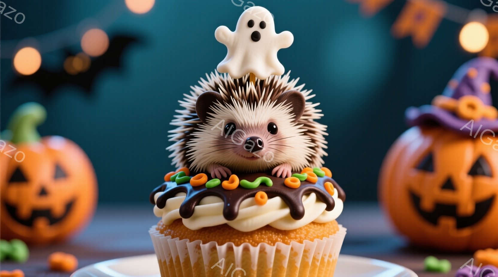 ハロウィーンをテーマにしたかわいらしい画像で、カップケーキの上に小さなハリネズミが座っています。ハリネズミは白いお化けの飾りを頭に乗せ、まるで帽子のようにしています。背景にはジャック・オー・ランタンと - AI生成フリー素材