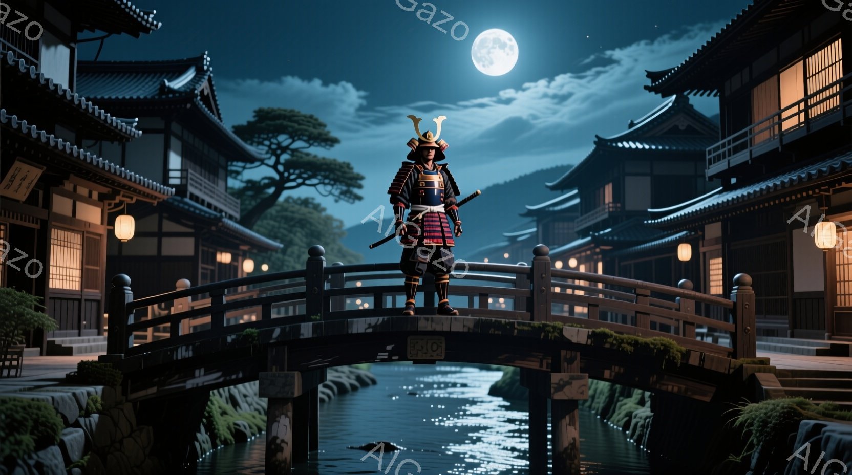 暗い夜空の下、武士が橋の上に立っている。彼は兜と鎧を身につけ、刀を腰に佩いている。背景には伝統的な日本の建物が並び、水路が流れ、月明かりが照らしている。