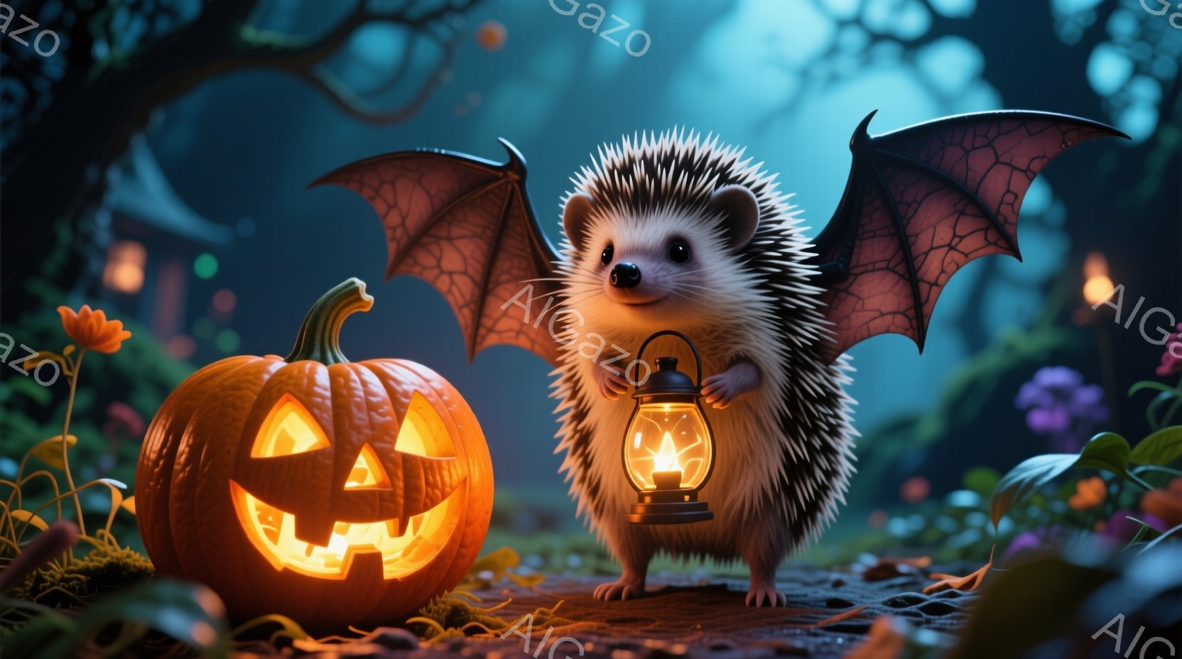 ハリネズミがカボチャのランタンを持っており、背中にはコウモリの翼が生えています。周囲には明るいオレンジ色のカボチャのランタンが置かれ、背景には暗い森とぼんやりとした光が広がっています。全体的にハロウィ - AI生成フリー素材