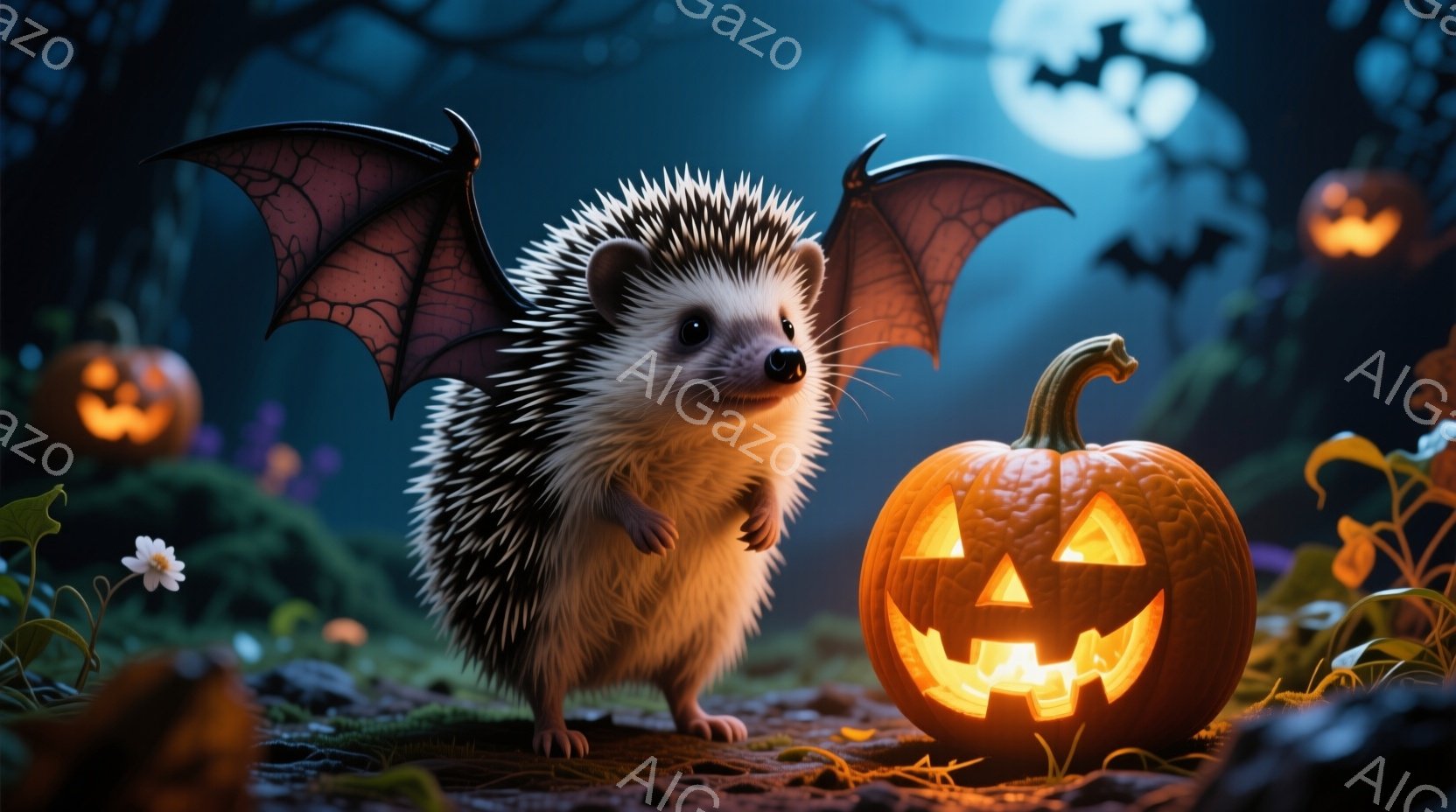 暗い森の中に、かわいらしいハリネズミが立っています。背中にはコウモリのような翼があり、オレンジ色のジャック・オー・ランタンがその横で明るく光っています。背景には、月明かりと、シルエットで描かれたコウモ - AI生成フリー素材
