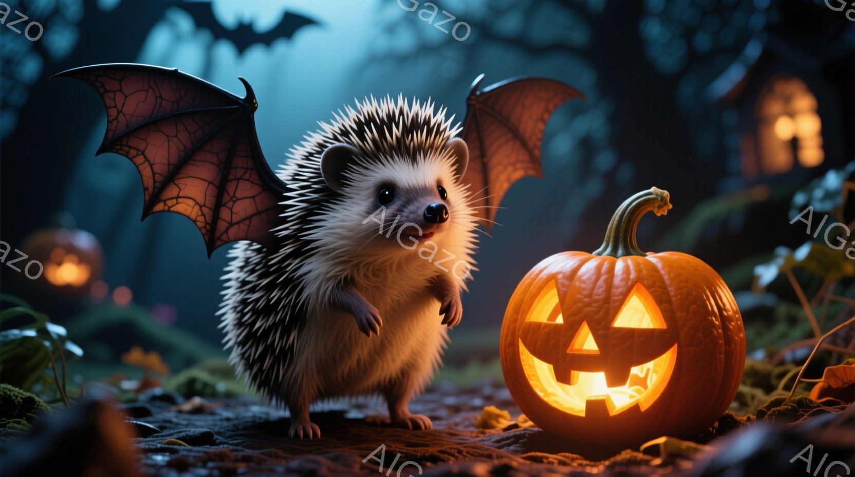 ハリネズミがカボチャのランタンの前に立っており、背中にはコウモリの羽が生えています。周りは落ち葉で覆われ、遠くにはシルエットの建物と夜空に舞うコウモリが見えます。全体的にハロウィーンの夜の幻想的で可愛 - AI生成フリー素材