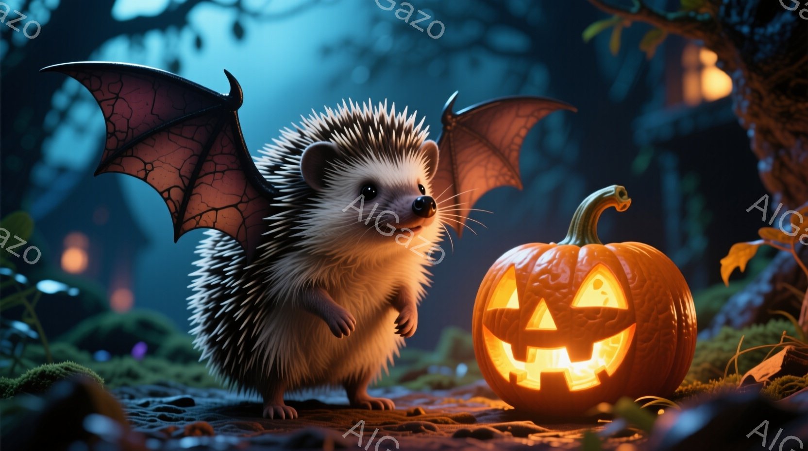 小さなハリネズミが、コウモリのような翼をつけて立っており、大きなジャック・オー・ランタンがその横で明るく光っている。背景は森の中の夜で、緑色の苔や落ち葉に覆われ、ぼんやりと光るものが遠くに見える。全体 - AI生成フリー素材
