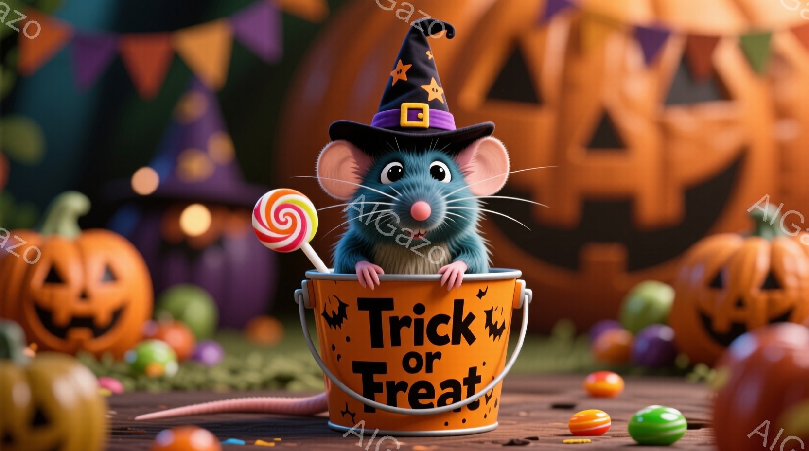 小さなネズミが「トリック・オア・トリート」と書かれたバケツの中から顔を出しています。ネズミはハロウィーンの帽子をかぶり、大きな棒付きキャンディを握っており、表情は可愛らしいです。背景には、様々なカラフ - AI生成フリー素材