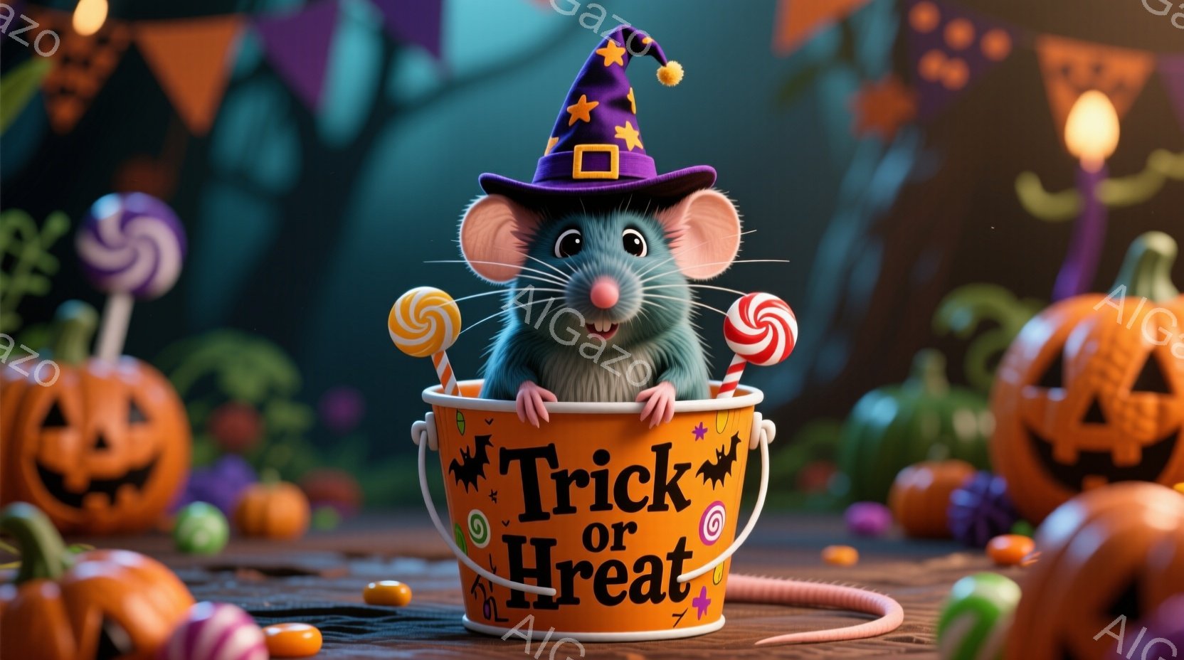 可愛らしいネズミが、ハロウィーンをテーマにしたバケツから顔を出しています。ネズミは紫色の魔女帽子をかぶり、いたずらっぽい表情でカメラを見ています。背景には、様々な形のカラフルなカボチャやキャンディが散りばめられ、お祭り気分を盛り上げています。