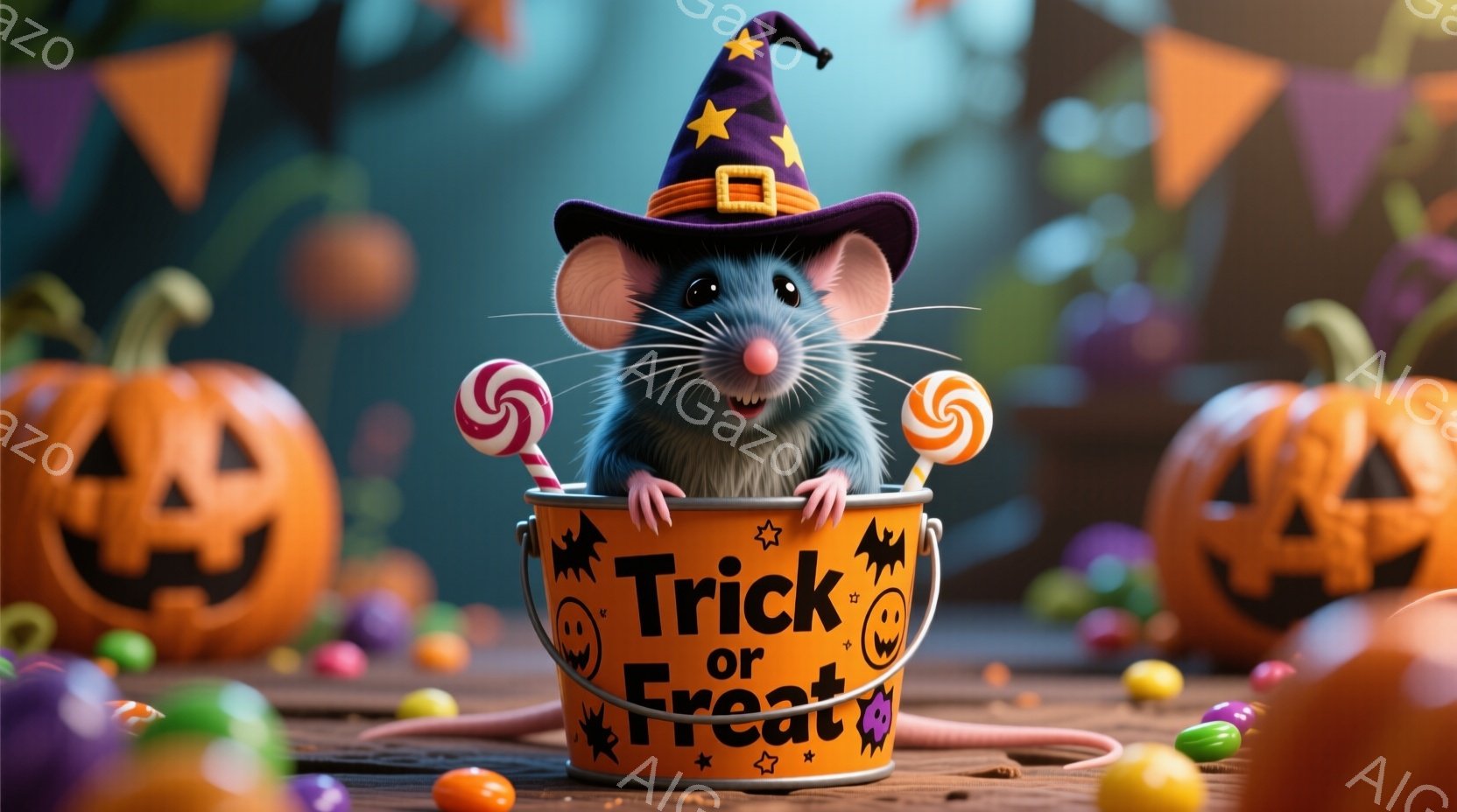 ハロウィーンをテーマにした画像で、バケツの中から小さなネズミが顔を出しています。ネズミは紫色の魔女帽子をかぶり、好奇心と少しのいたずらっぽさを湛えた表情をしています。背景には、ハロウィーンの装飾、特にカボチャとカラフルなお菓子が散りばめられ、お祭り騒ぎの楽しい雰囲気が漂っています。