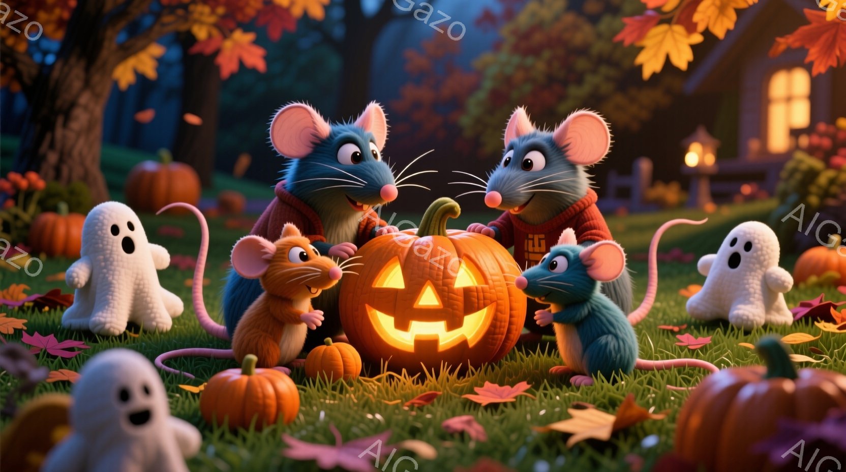 明るく照らされたジャック・オー・ランタンの周りに、可愛らしいネズミたちが集まっています。一匹はオレンジ、二匹は水色、そして一匹は赤いセーターを着ており、皆楽しそうな表情をしています。背景には、紅葉した木々と、浮かんだお化けの姿が見え、ハロウィーンの温かく幻想的な雰囲気が漂っています。