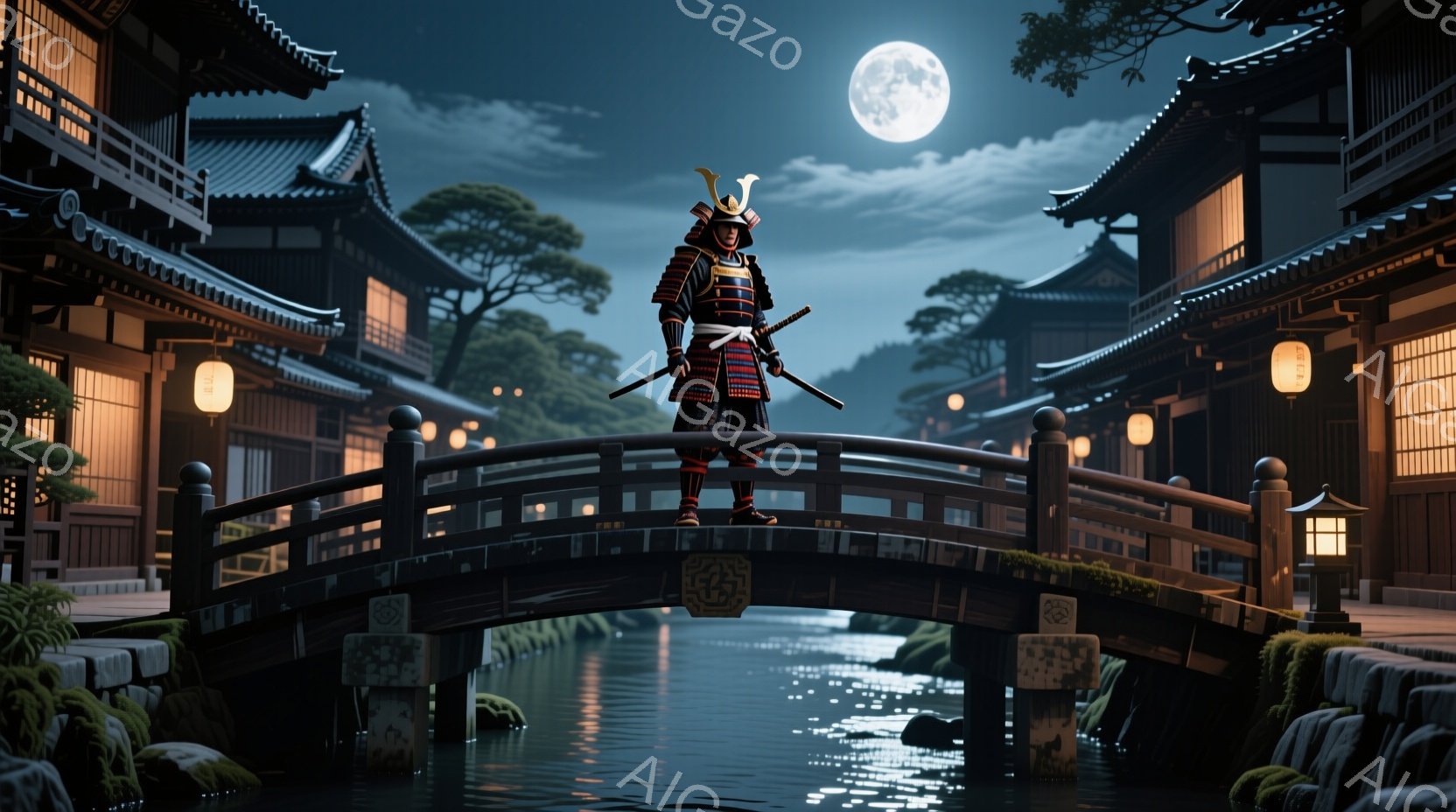 鎧兜を身につけた武士が、夜の橋の上に静かに立っている。背景には伝統的な日本の建物が並び、水面には月の光が反射して幻想的な雰囲気を醸し出している。月明かりの下、武士は刀を腰に佩き、物静かで凛とした佇まい - AI生成フリー素材