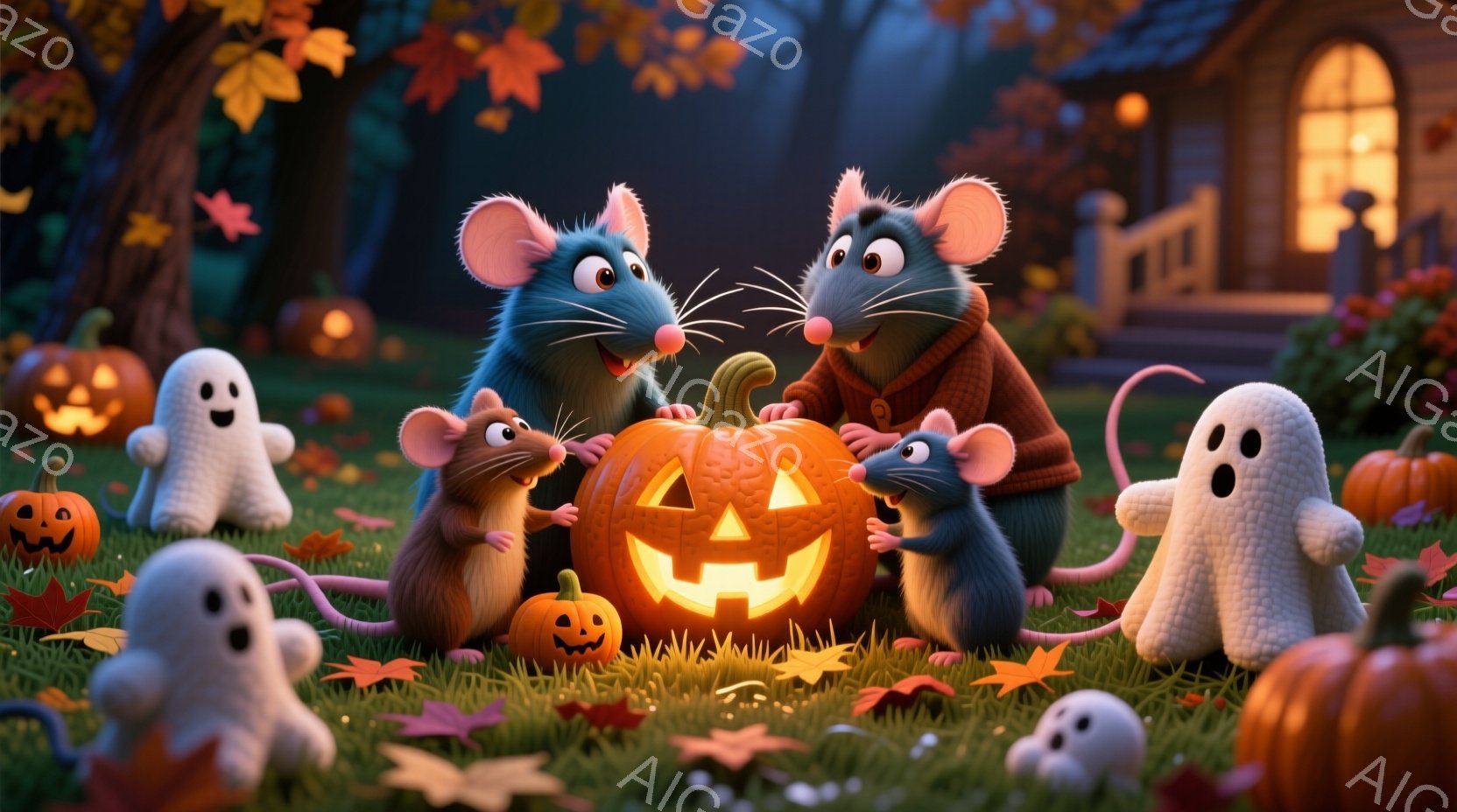 ハロウィーンの夜、ネズミの家族がジャック・オー・ランタンの周りに集まっています。お父さんネズミはセーターを着て、温かい笑顔を浮かべています。背景には、ライトアップされたハロウィーンカボチャと、幽霊のような姿、そして暗い森の中の建物があり、お祝いムード満載の、温かく幻想的な雰囲気です。