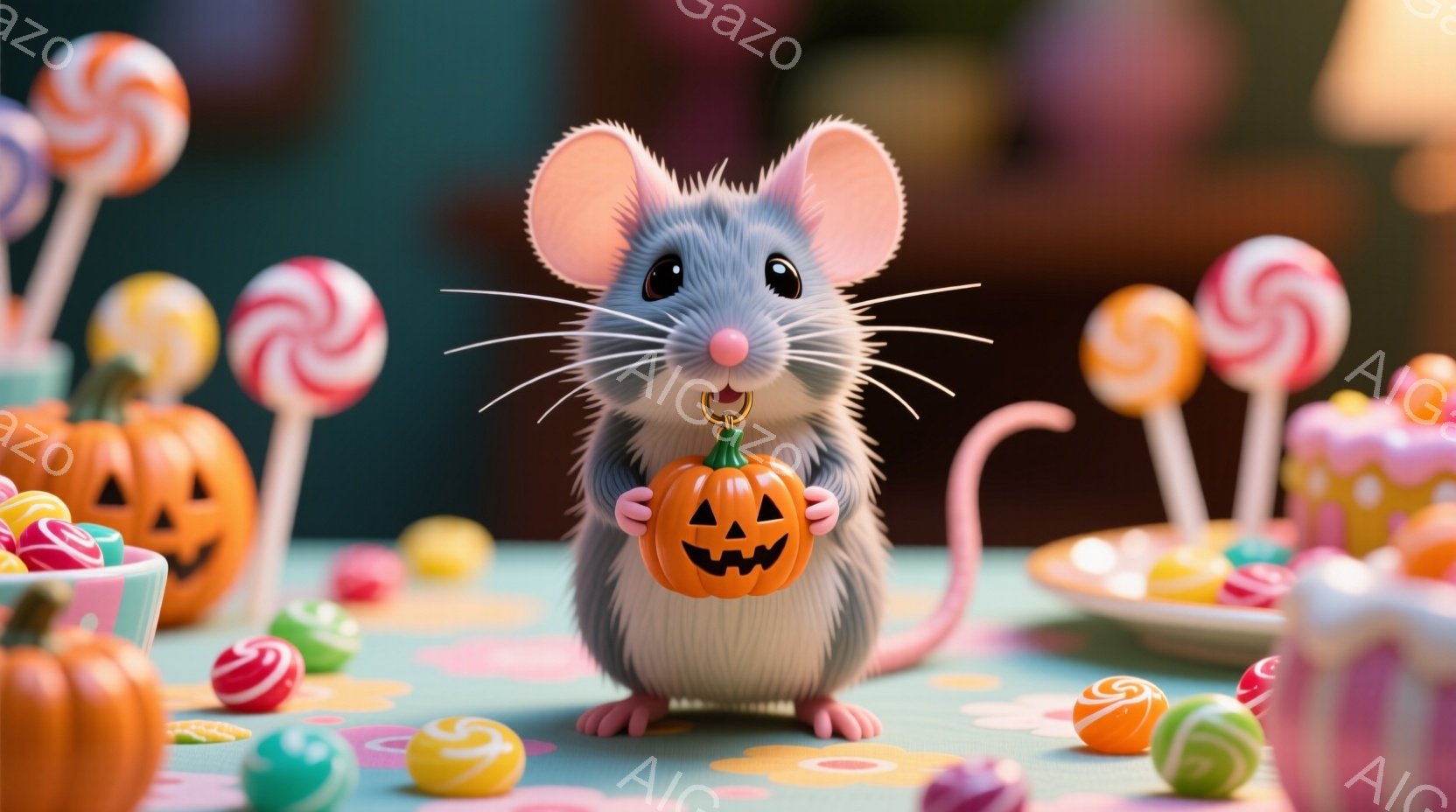 可愛らしいネズミが、ハロウィーンの小さなカボチャのランタンを両手で抱えています。ピンク色の頬と輝く黒い目、そして白いひげが特徴的で、喜びにあふれた表情をしています。背景には、カラフルなキャンディやカボ - AI生成フリー素材