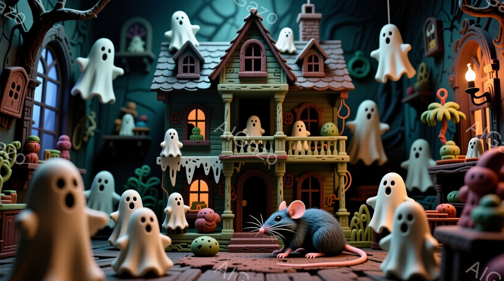 不気味な雰囲気のハロウィンのジオラマで、お化けたちが家や庭を飛び交っています。茶色い屋根とオレンジ色の壁を持つ可愛らしい家には、様々な大きさのお化けが浮かび、庭にはカボチャやその他のハロウィンの装飾が - AI生成フリー素材