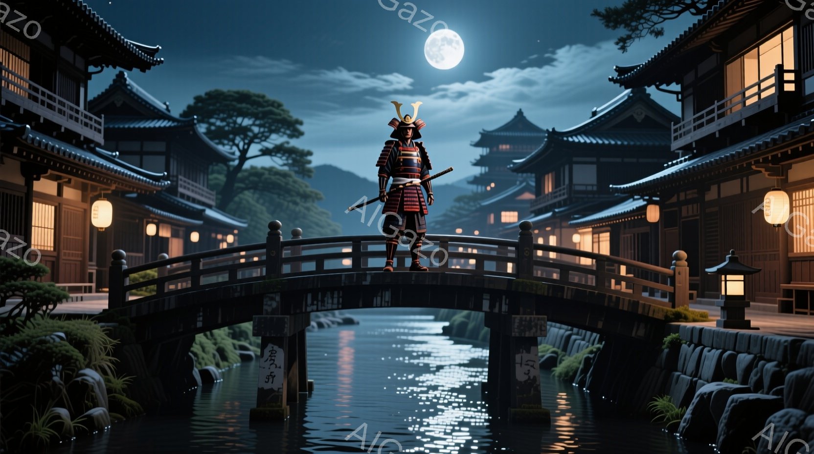 紺碧の鎧兜を身につけた武士が、夜の川にかかるアーチ状の橋の上に立っている。鎧は精巧で、鮮やかな朱色の威しと黒色の胴体が見て取れる。背景には、瓦屋根の日本家屋が並び、川面には月明かりが反射し、幻想的な雰囲気を醸し出している。