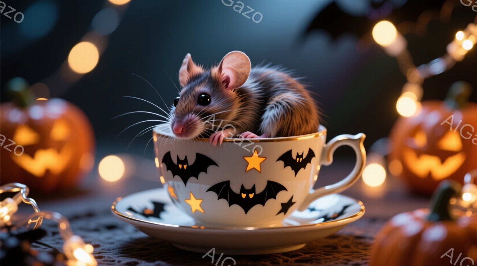 茶色のネズミが、コウモリと星の模様が描かれた白いティーカップの中に座っています。背景にはぼやけたオレンジ色のジャック・オー・ランタンと、暖色系の光が輝くストリングライトが見え、ハロウィーンの雰囲気を醸 - AI生成フリー素材