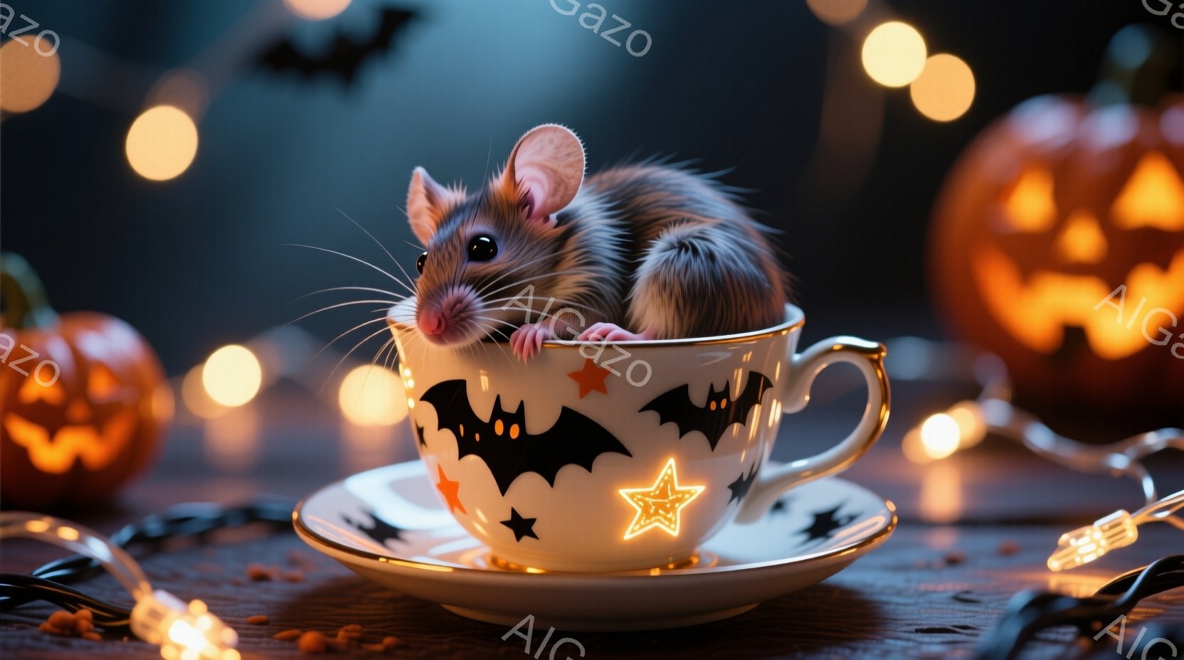 ハロウィーンをテーマにした画像で、茶色のネズミがバットと星が描かれた白いカップの中に座っています。カップはソーサーの上に置かれ、背景にはジャック・オー・ランタンとぼんやりとした光のストリングライトが見 - AI生成フリー素材