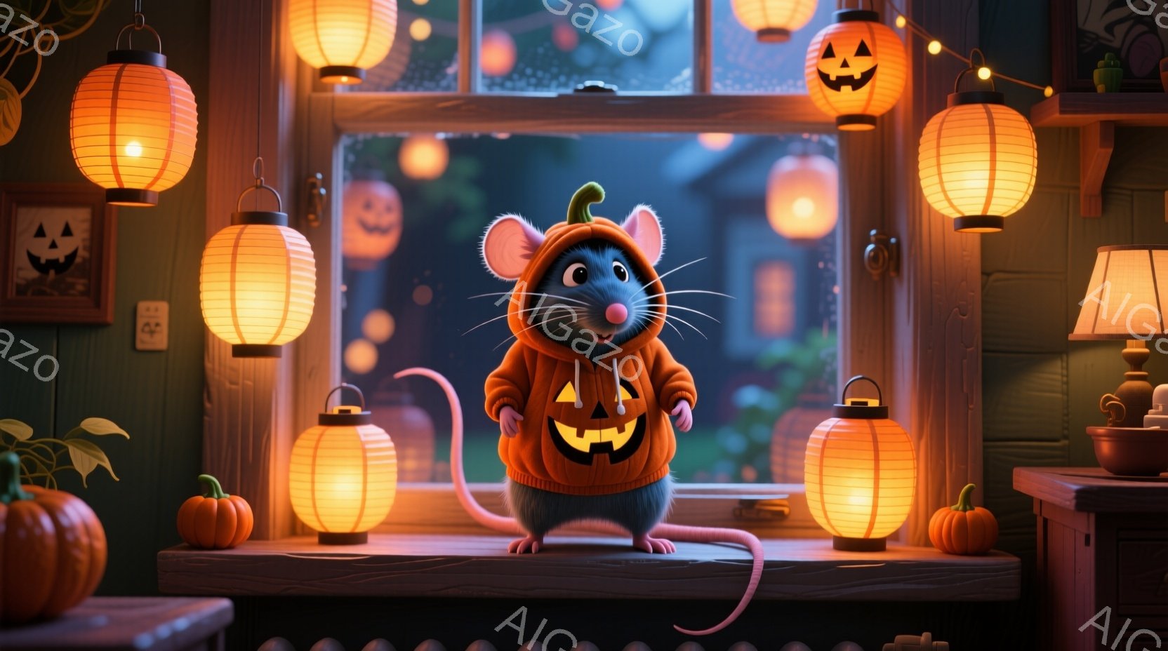 小さなネズミがハロウィーンのランタン柄のセーターを着て、窓枠の上に立っている。背景には、ぼんやりとした街並みと、オレンジ色のハロウィーンランタンが浮かび、幻想的な雰囲気を醸し出している。全体的に暖かく、お祝いムード満載の可愛らしいイラストである。