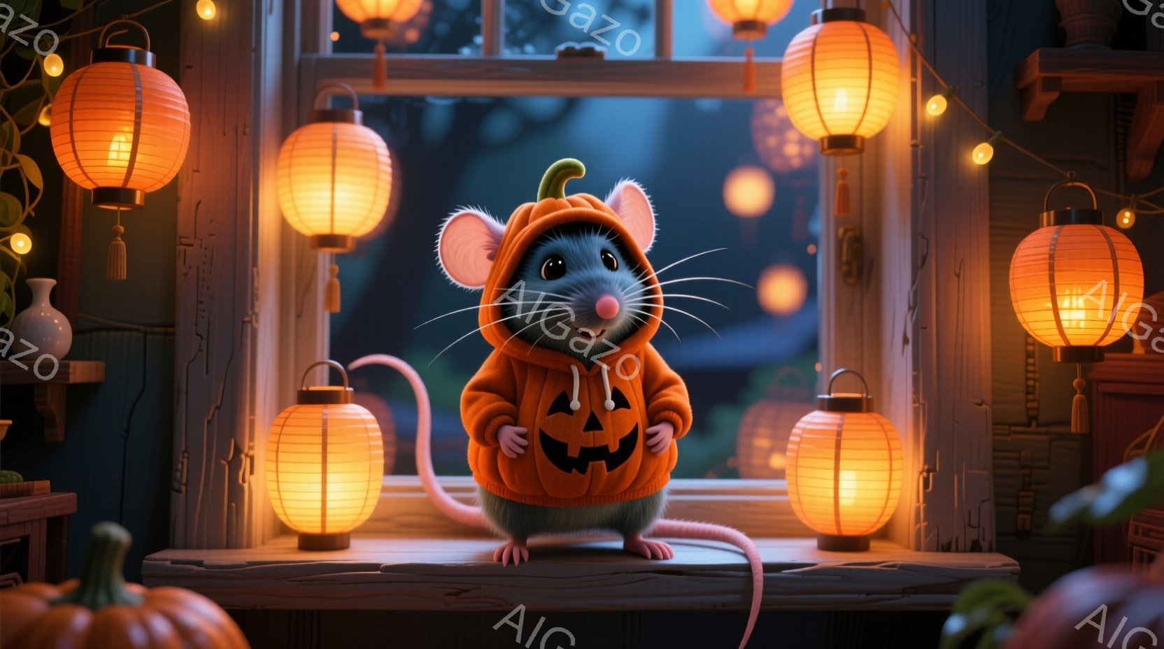 小さなネズミが、ハロウィーンカボチャの衣装を着て、窓枠の上に立っています。その表情は可愛らしく、少し恥ずかしそうに前を見つめています。背景には、オレンジ色の提灯が飾られ、窓の外にはぼんやりとした秋の風 - AI生成フリー素材