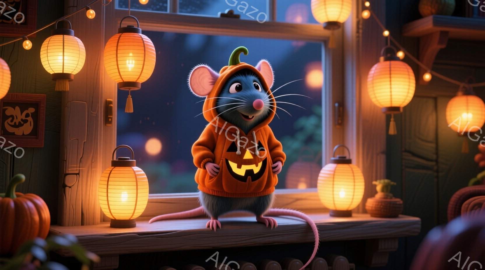 小さなネズミがハロウィーンのランタン柄のオレンジ色のパーカーを着て、窓辺に立っている。背景には、ぼやけた夜の景色と、点灯したオレンジ色の提灯が並び、暖かく幻想的な雰囲気を醸し出している。ネズミは少し緊張した表情で、まるで何かを見つめているかのように姿勢を正している。