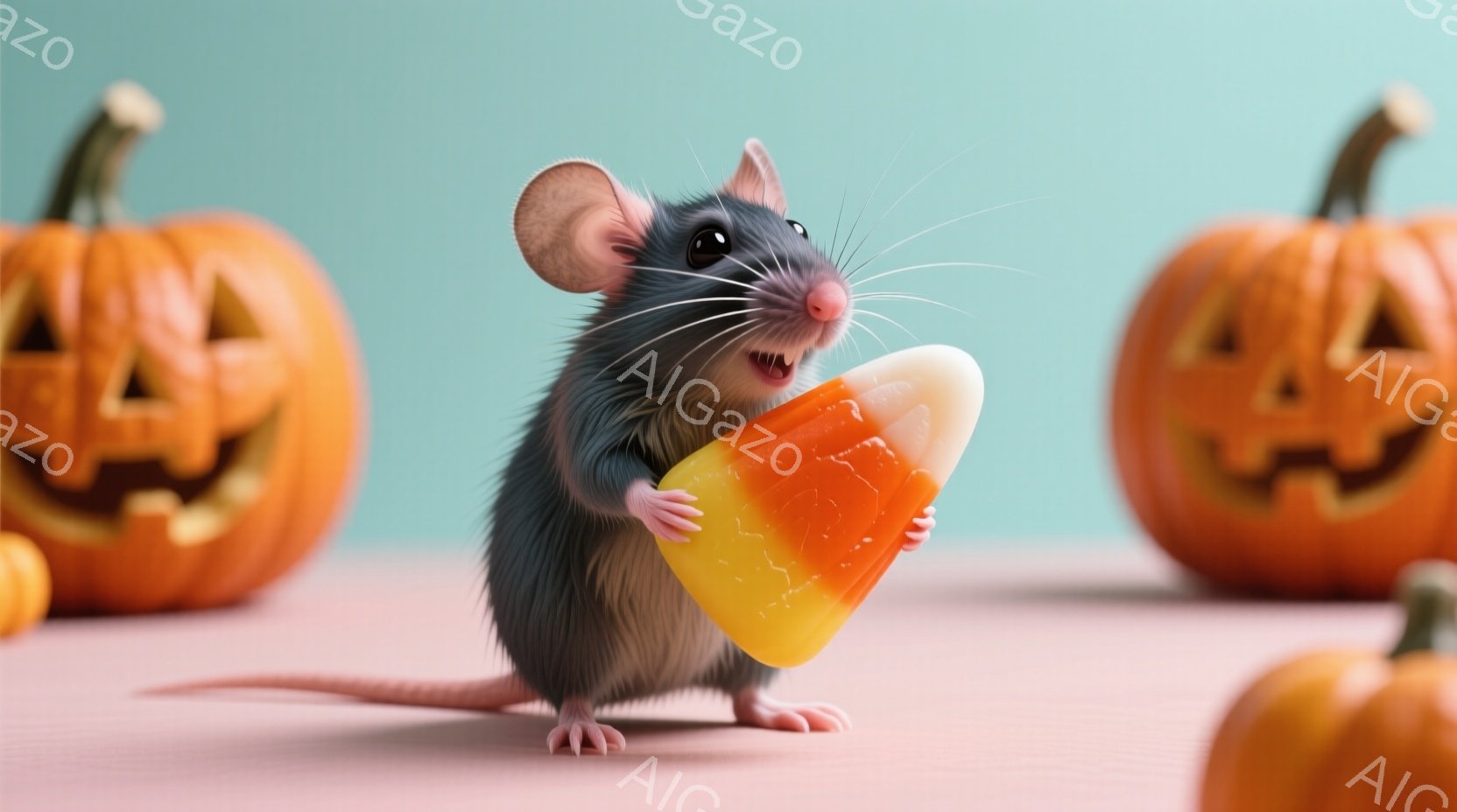 楽しげな冒険を描く物語のタイトルページに向けられたファンタジー風の作品です。中央には、紫色の背景と左右にハロウィンの装飾がある表情を見せている小さな白マウスが描かれています。マウスは手に握った黄色の砂糖を含む短い菓子を食べようとしており、それにより楽しい冒険へと飛び込んでいるイメージが与えられます。