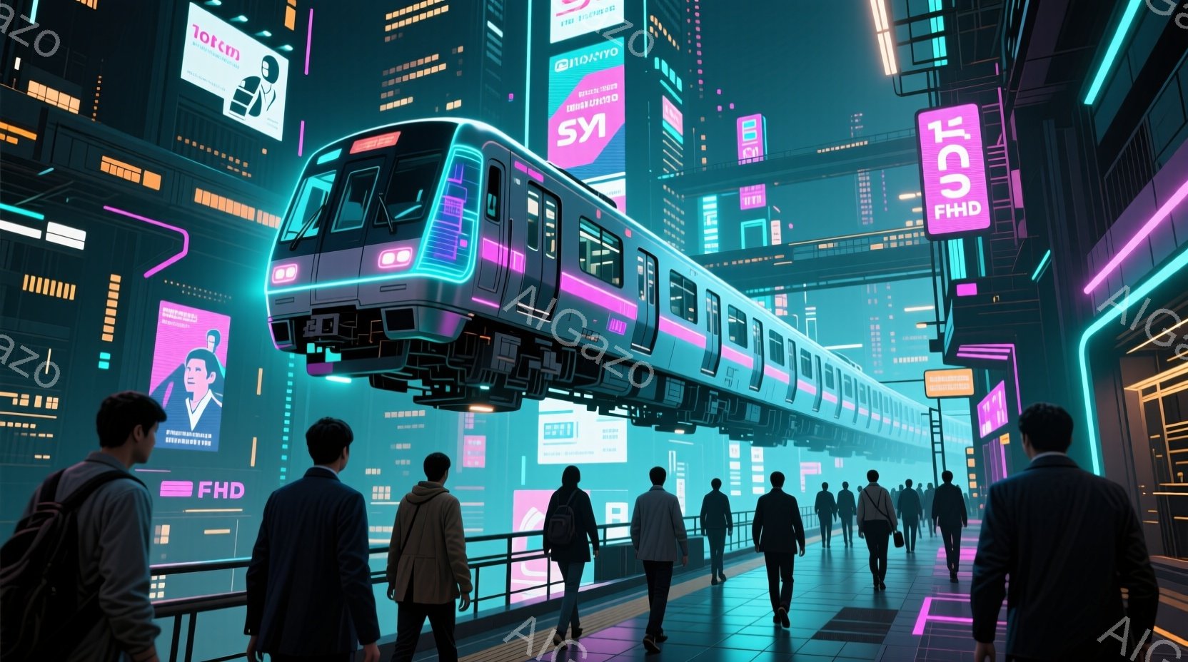 未来的な都市のプラットフォームに人々が並んでいる様子が描かれています。人々は皆、フォーマルな服装で、背筋を伸ばして歩いているか、プラットフォームの端に立っています。背景には高層ビル群が立ち並び、ネオン - AI生成フリー素材