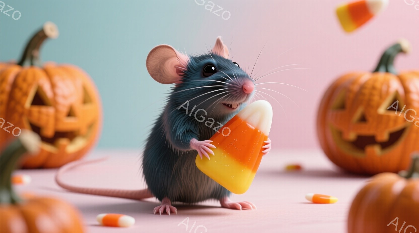 灰色のネズミが、オレンジと黄色のキャンディコーンを両手で抱え、口に運ぼうとしている姿が描かれている。背景には、ハロウィーンのランタンであるジャック・オー・ランタンが複数配置され、キャンディが宙を舞っている。全体的に暖かく、お祭り気分を演出する可愛らしい雰囲気である。