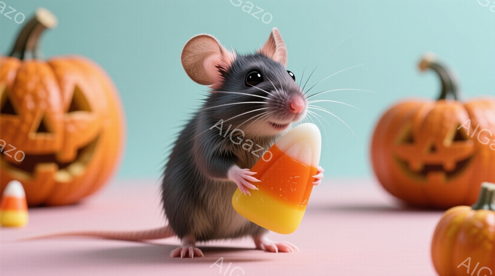小さな灰色のネズミが、片方の前足でオレンジと黄色のキャンディコーンを抱えています。背景には、彫刻が施されたハロウィーンカボチャが３つあり、優しいピンク色の表面の上に配置されています。全体的に、この画像 - AI生成フリー素材