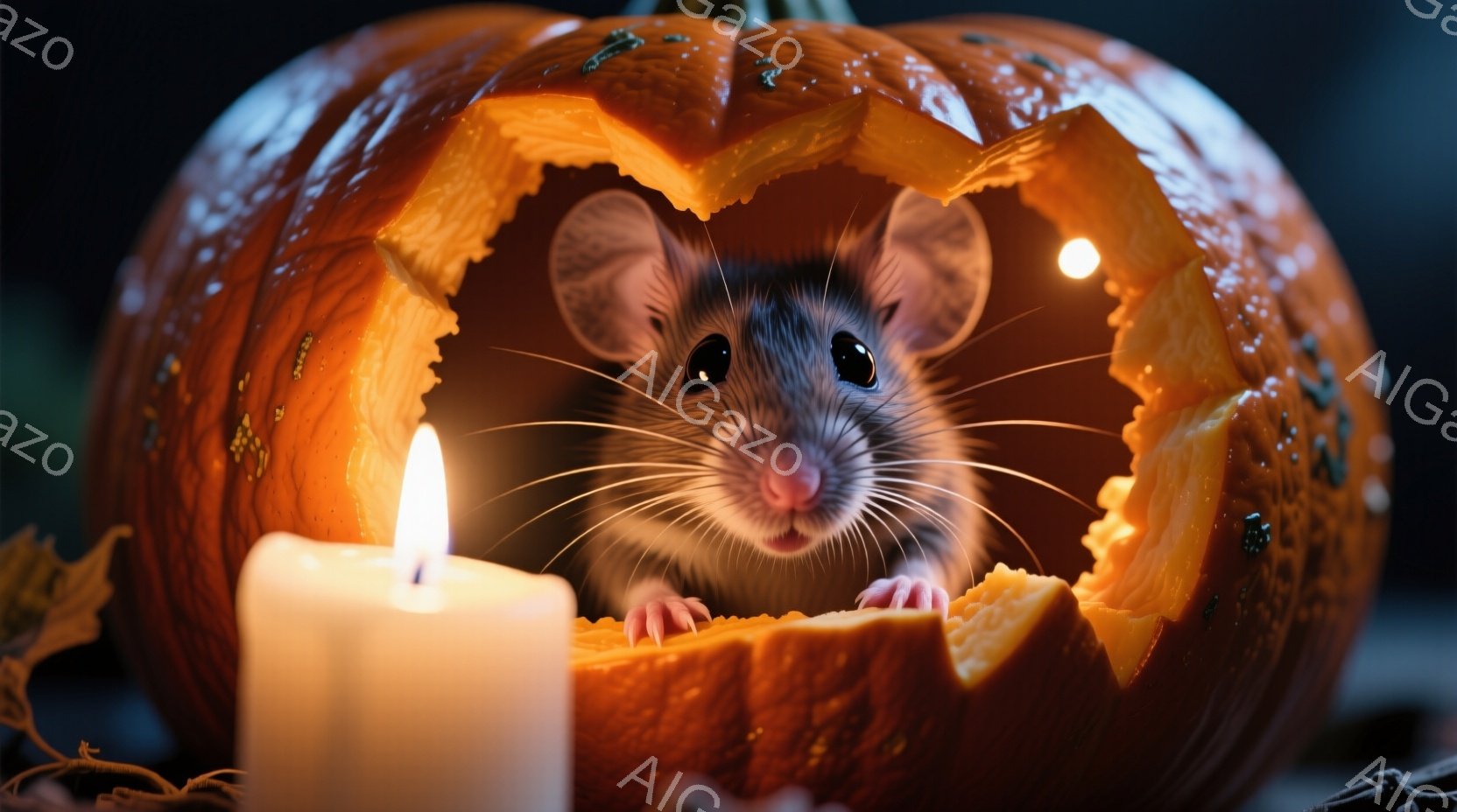 切り開かれたカボチャの中に、小さなネズミが可愛らしく顔を出し、両手を縁に乗せています。カボチャの内側はオレンジ色に輝き、ネズミの表情は好奇心と少しの戸惑いが混ざったようです。背景にはぼんやりとした影が - AI生成フリー素材