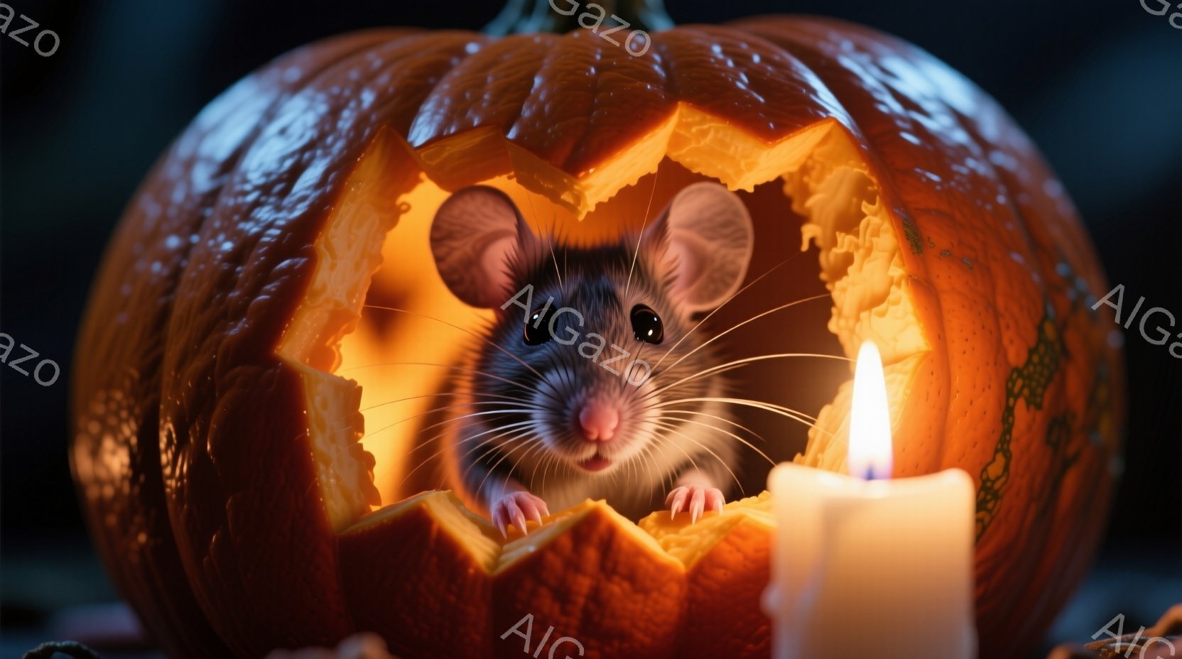切り開かれたカボチャの中に、可愛らしいネズミが顔を出しています。ネズミは前足でカボチャの縁に掴まり、好奇心旺盛な表情で正面を見つめています。背景には、温かい光を放つキャンドルと、暗い影が広がっており、 - AI生成フリー素材